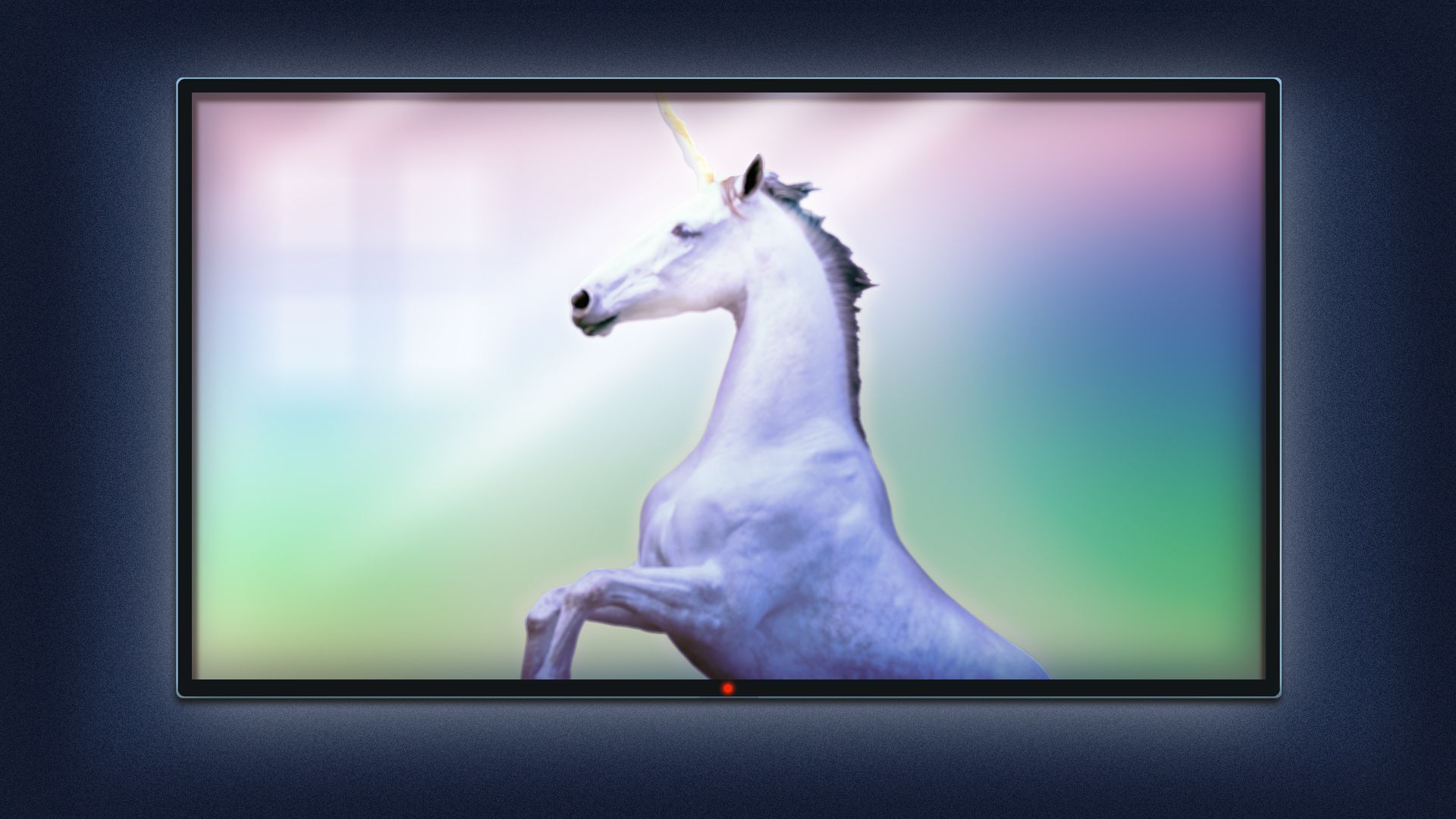 Illustration of a flatscreen television featuring a unicorn on a rainbow background