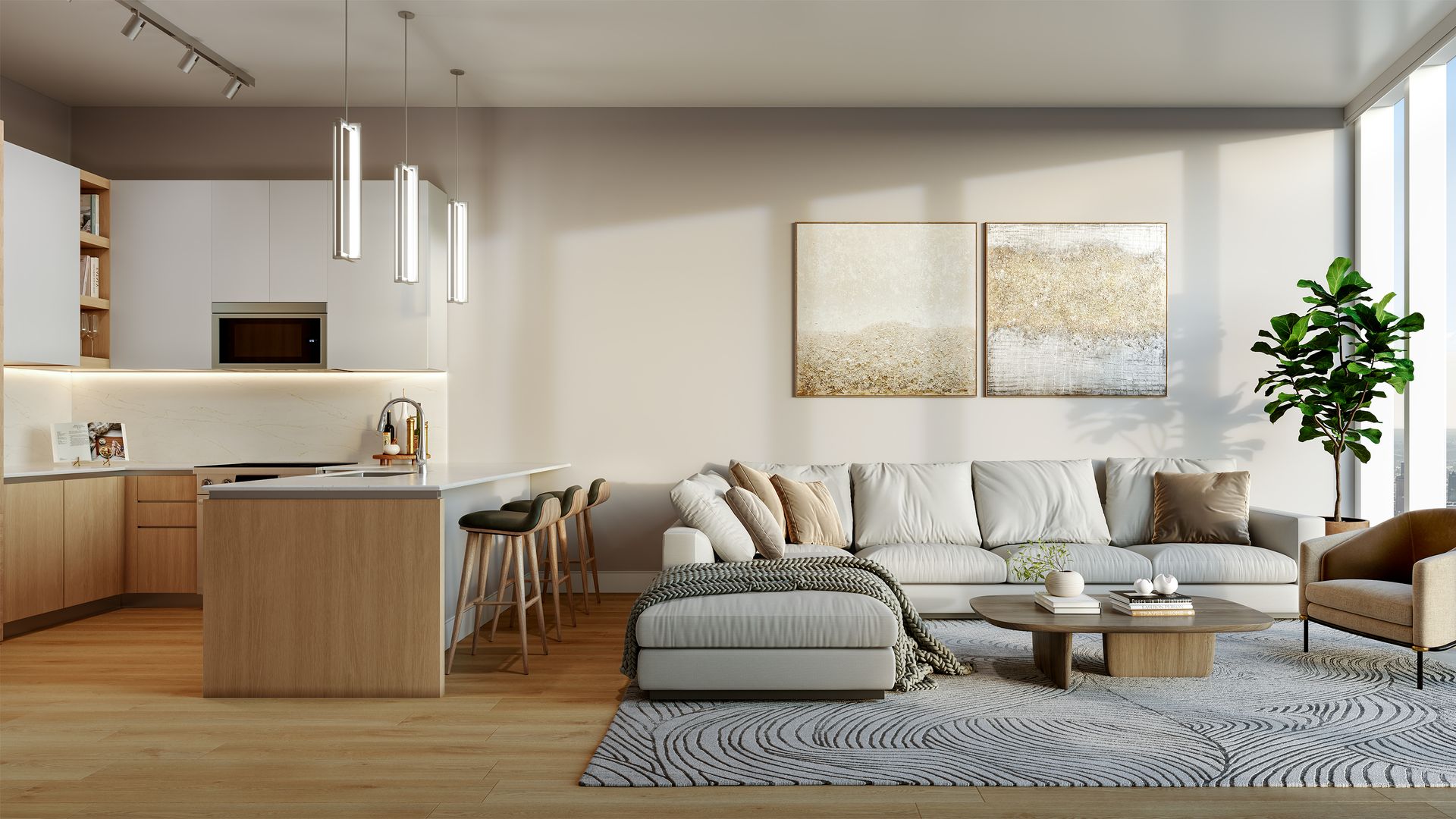Open-concept living area with a white kitchen on the left, wood island and bar stools; beige sectional sofa, round coffee table, abstract art, a tall plant, and large windows with a city view.