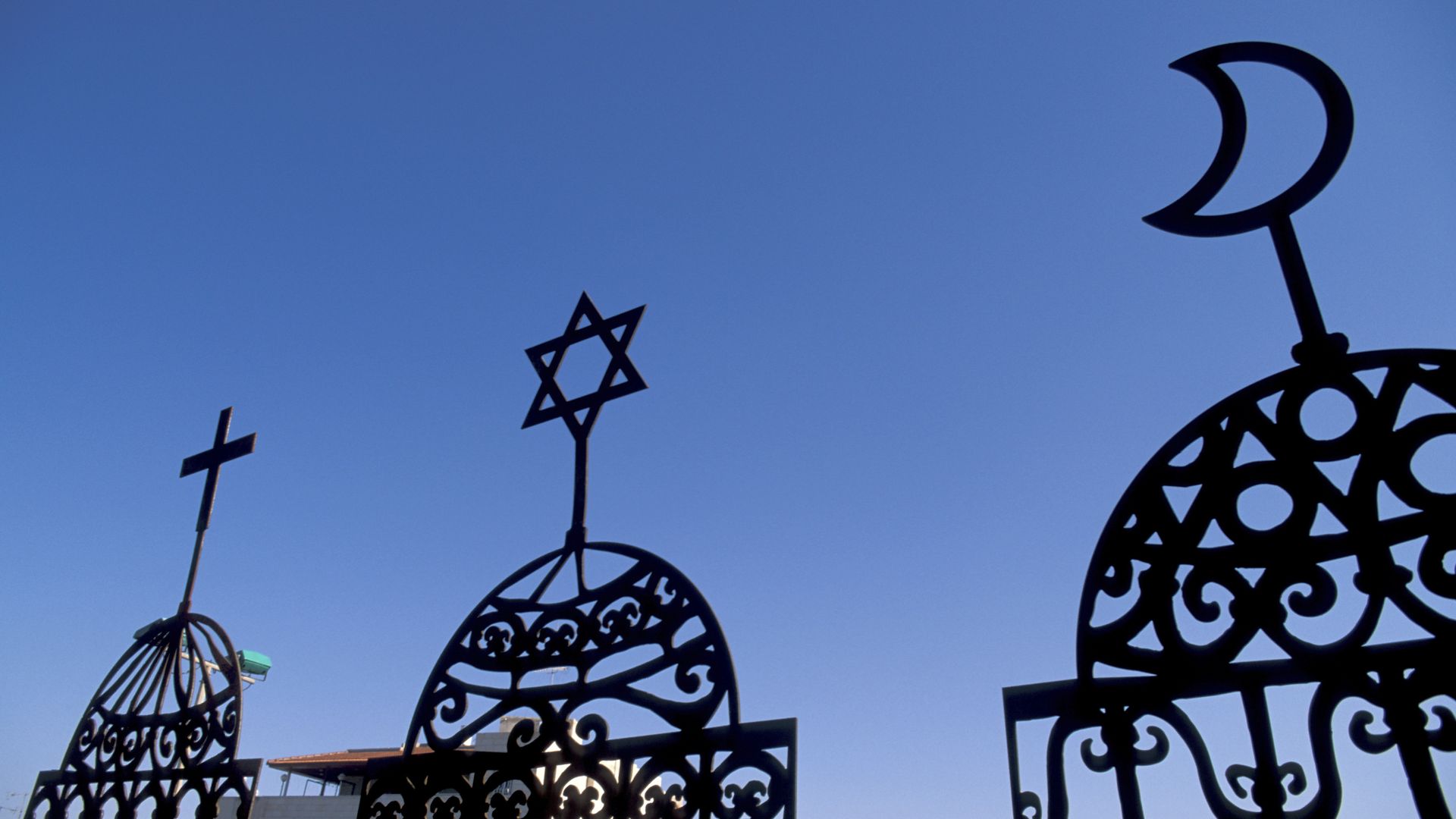 Symbols for the 3 religions Christianity, Islam and Judaism