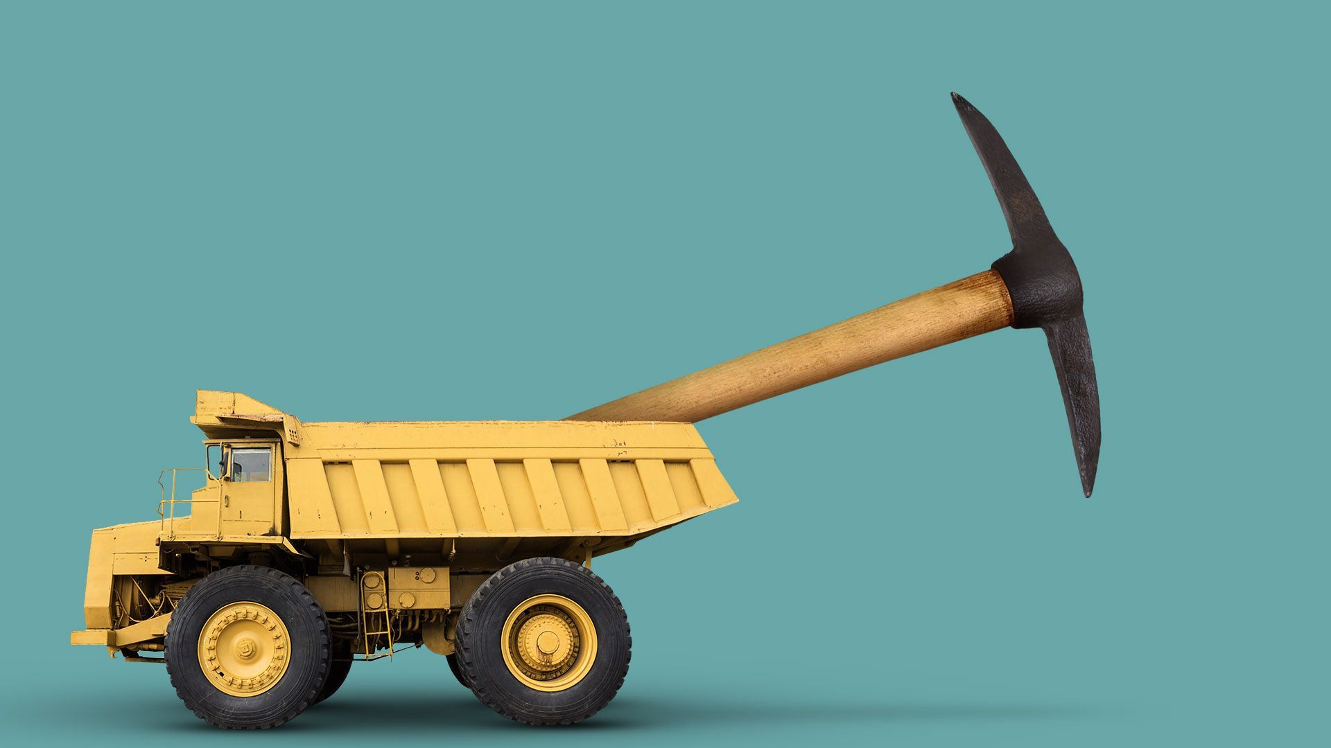 Illustration of a dump truck carrying an enormous pickaxe 