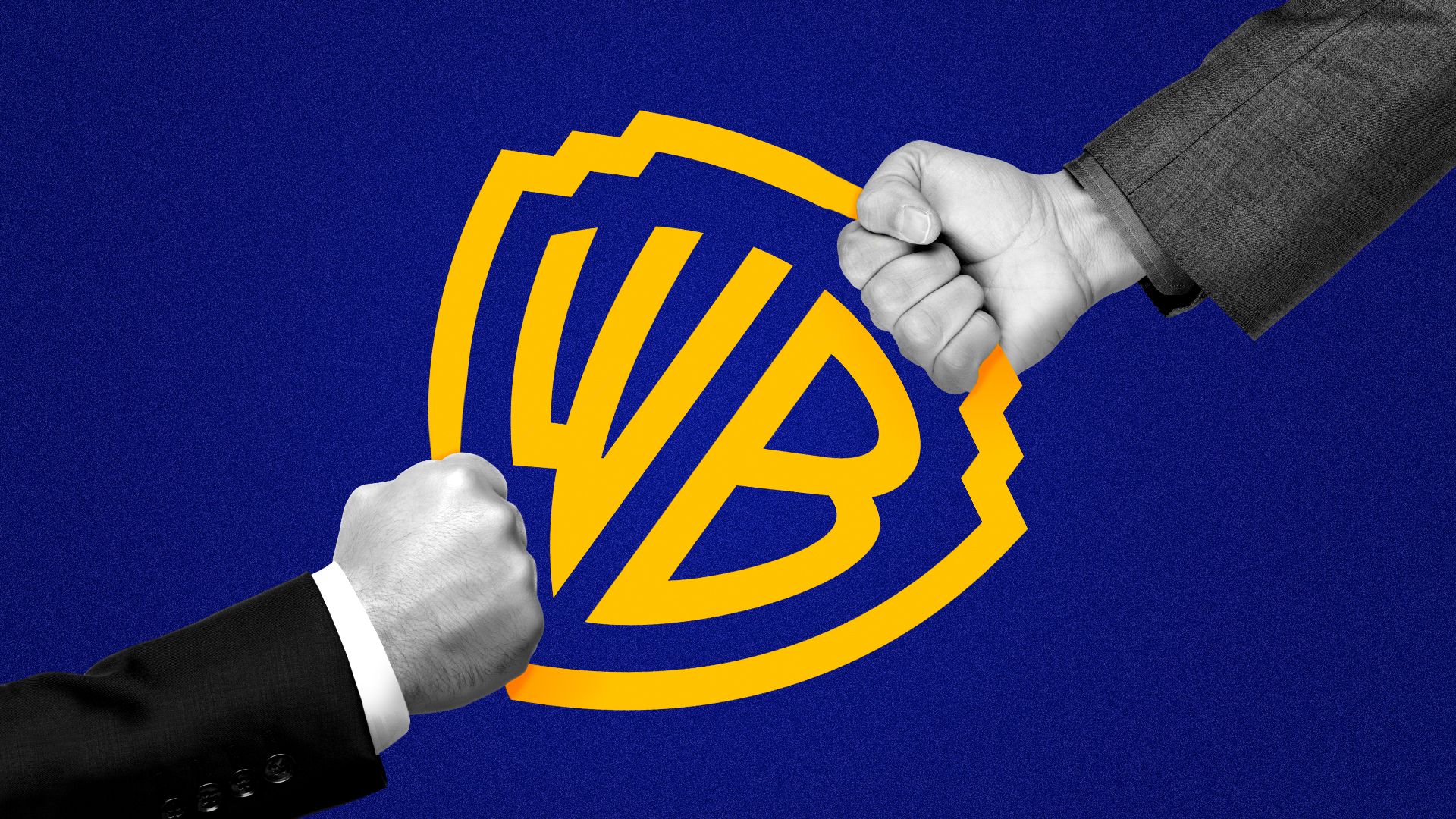 Illustration of two hands in business suits grabbing the Warner Bros. logo and fighting over it.