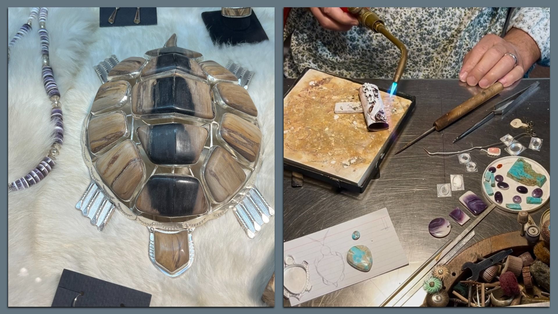 Two-panel jewelry scene: left displays a silver turtle-shell necklace with brown/black tiles on white fur; right shows a jeweler torching metal on a workbench with stones and tools.