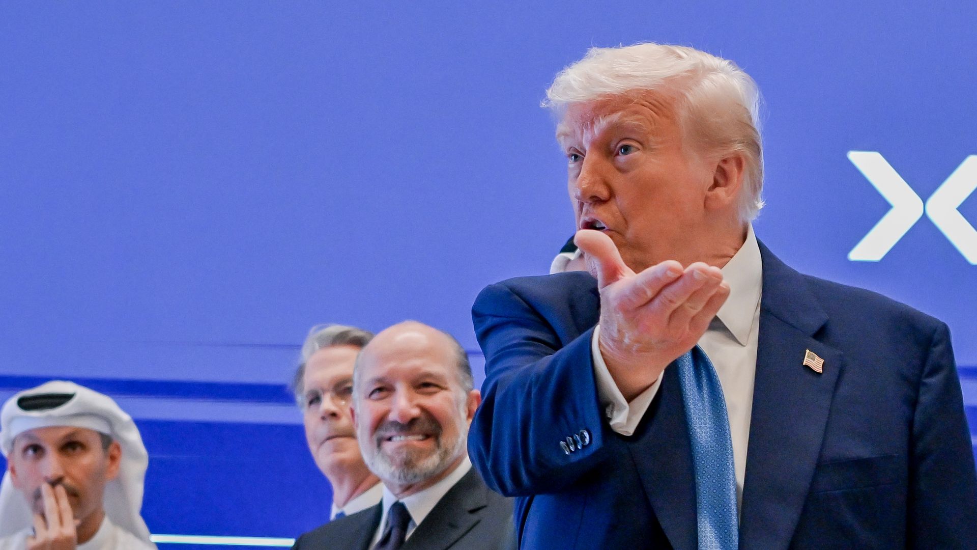 President Trump gestures during a business meeting in Abu Dhabi.