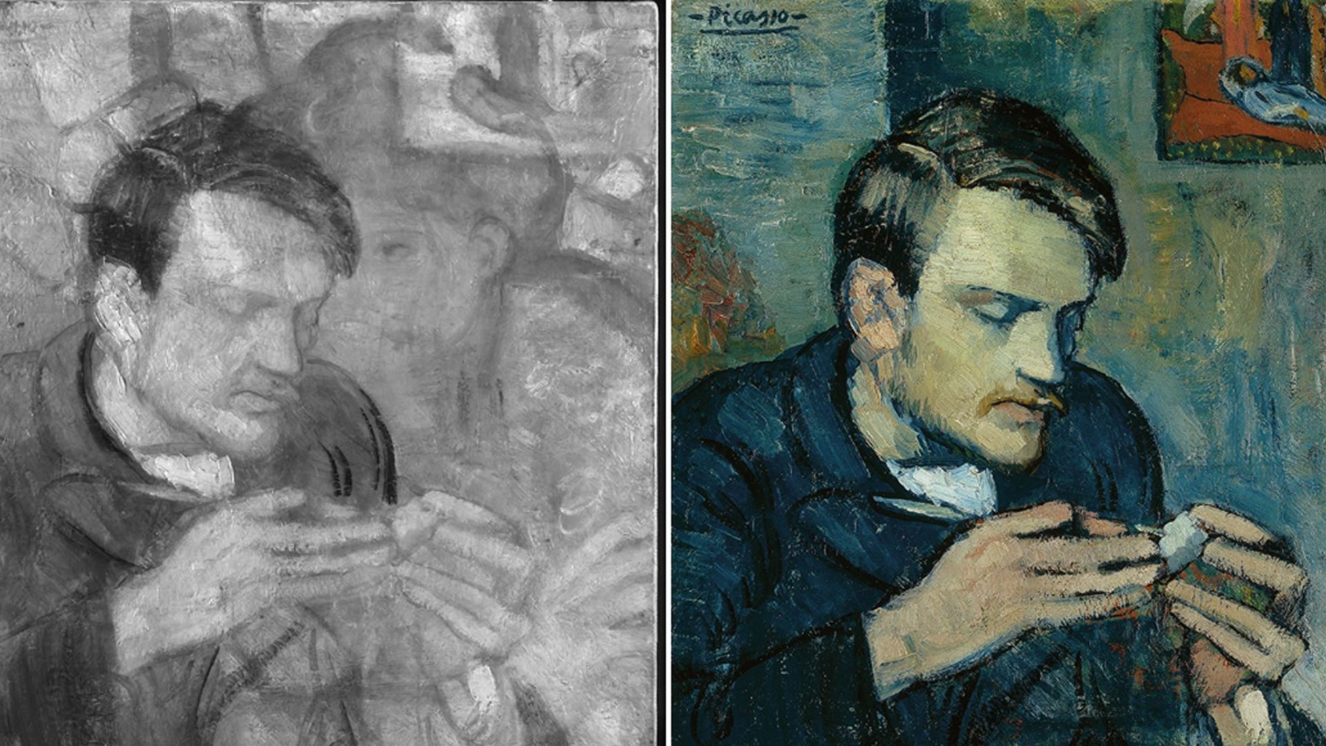 Left, An infrared image of Portrait of Mateu Fernández de Soto, revealing another portrait underneath; right,  Pablo Picasso's painting "Portrait of Mateu Fernández de Soto" has revealed a hidden secret. 