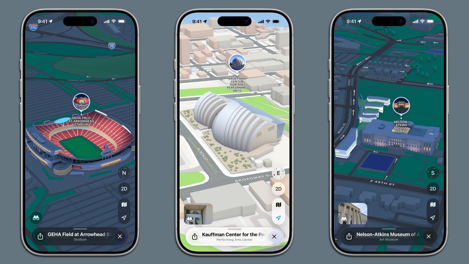 Three iPhones displaying 3D maps of Kansas City landmarks: GEHA Field at Arrowhead Stadium, Kauffman Center for the Performing Arts, and Nelson-Atkins Museum of Art, with labels and navigation icons.
