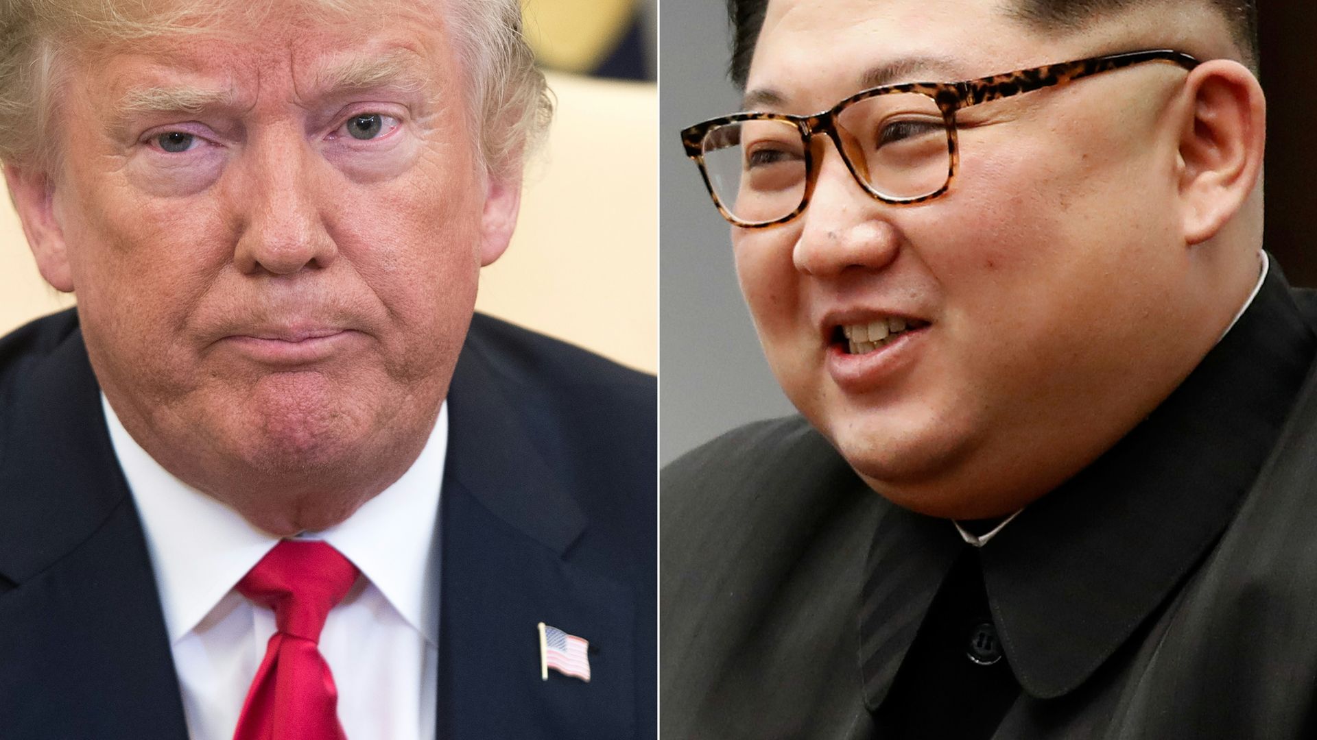 Donald Trump in the Oval Office on May 17, 2018, and Kim Jong-un during the inter-Korean summit in Panmunjom on April 27, 2018.