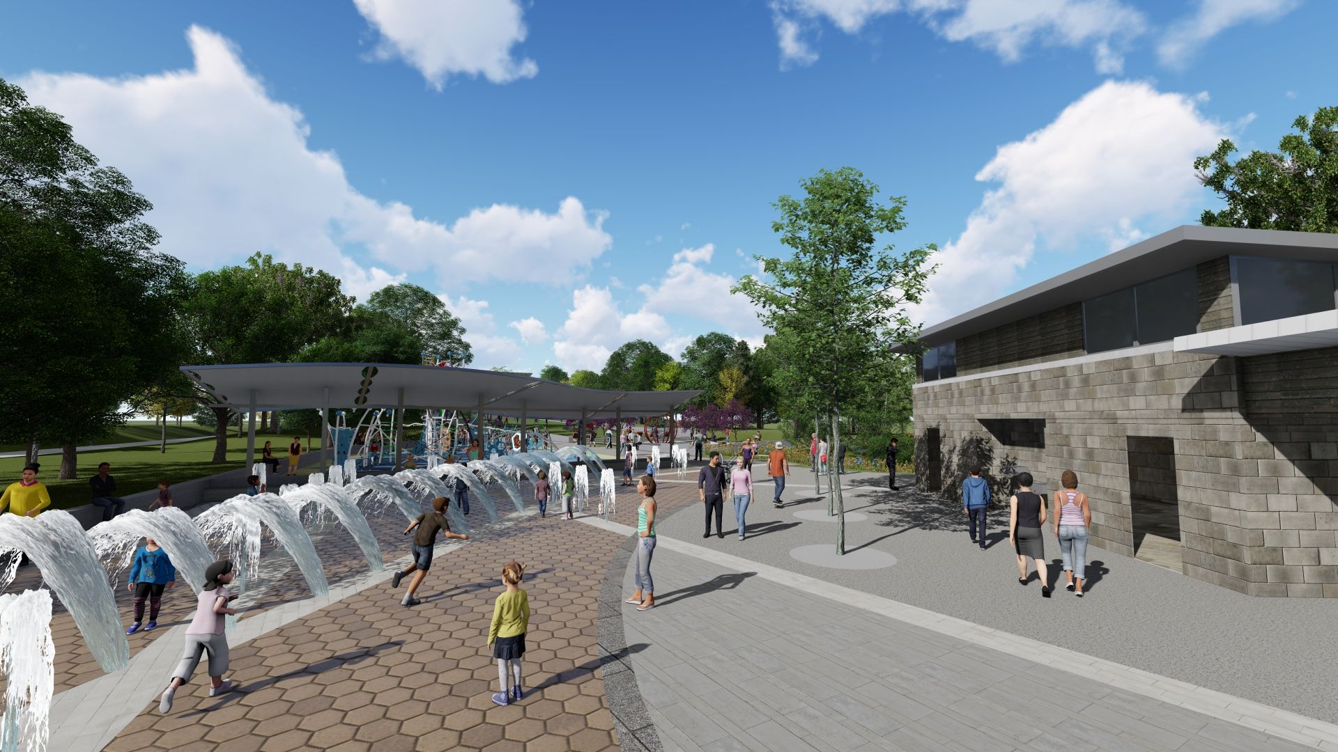 A rendering showing the planned splash pad and public restrooms at Enota Park.
