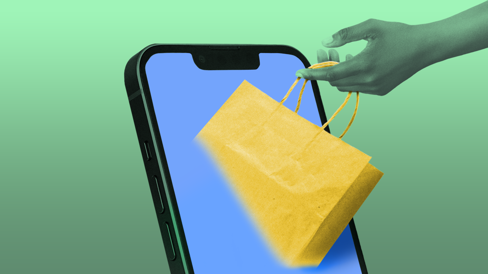 A green hand pulls a yellow shopping bag from a blue-screen smartphone, set against a green gradient background, symbolizing online shopping or mobile retail.