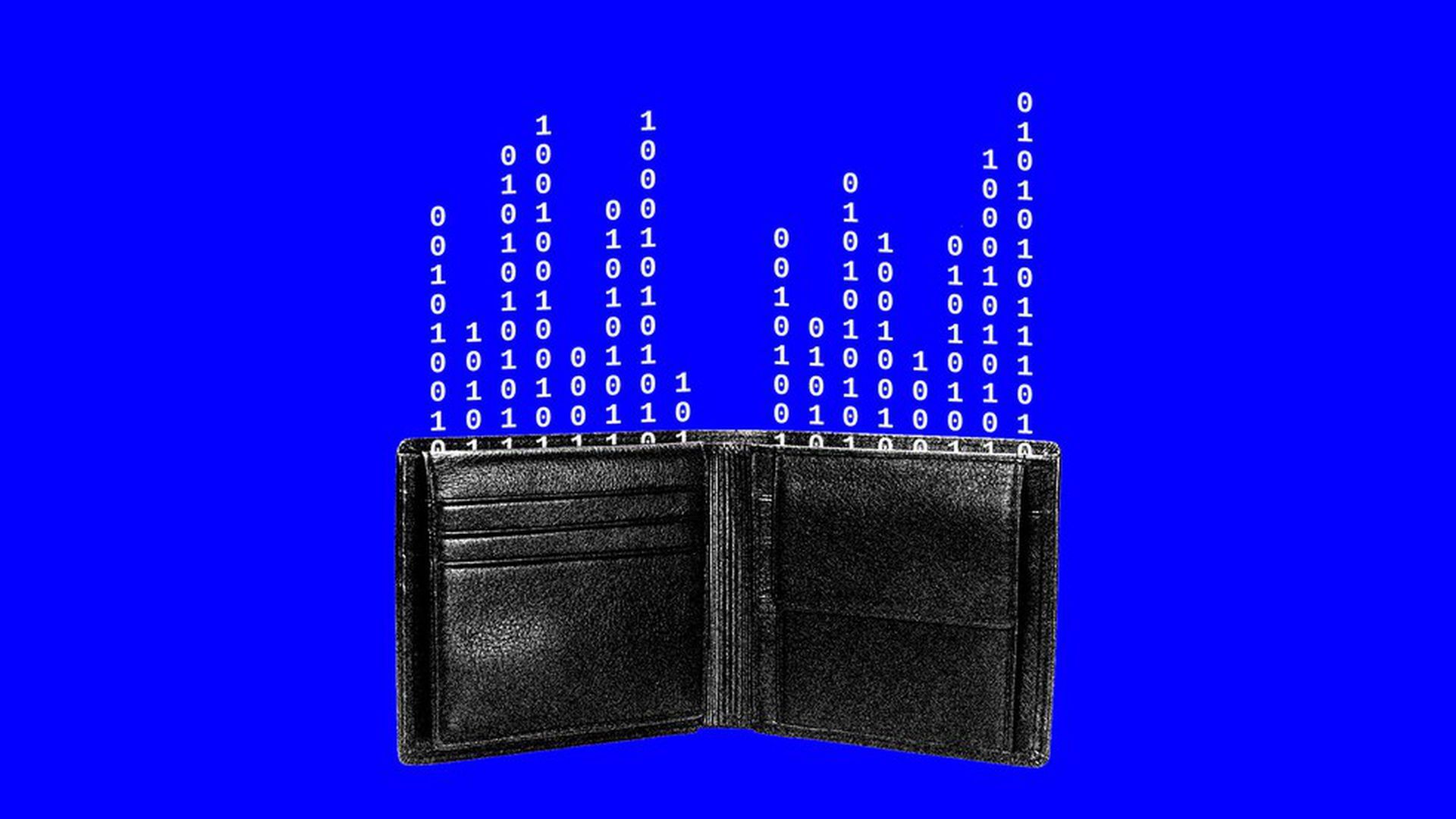 A wallet with numbers coming out the top.