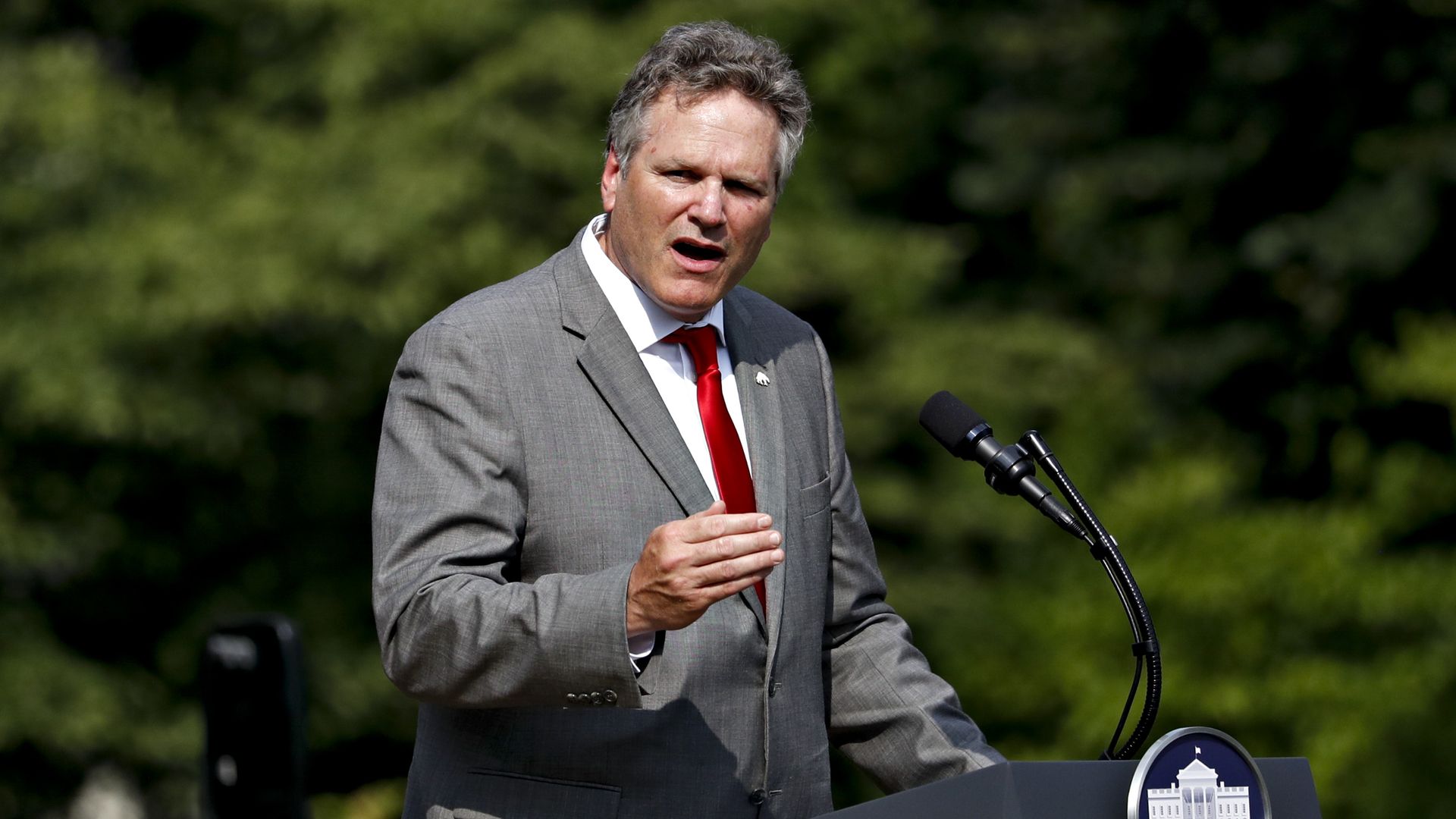 Michael Dunleavy, governor of Alaska, speaks during an event on the South Lawn of the White House 
