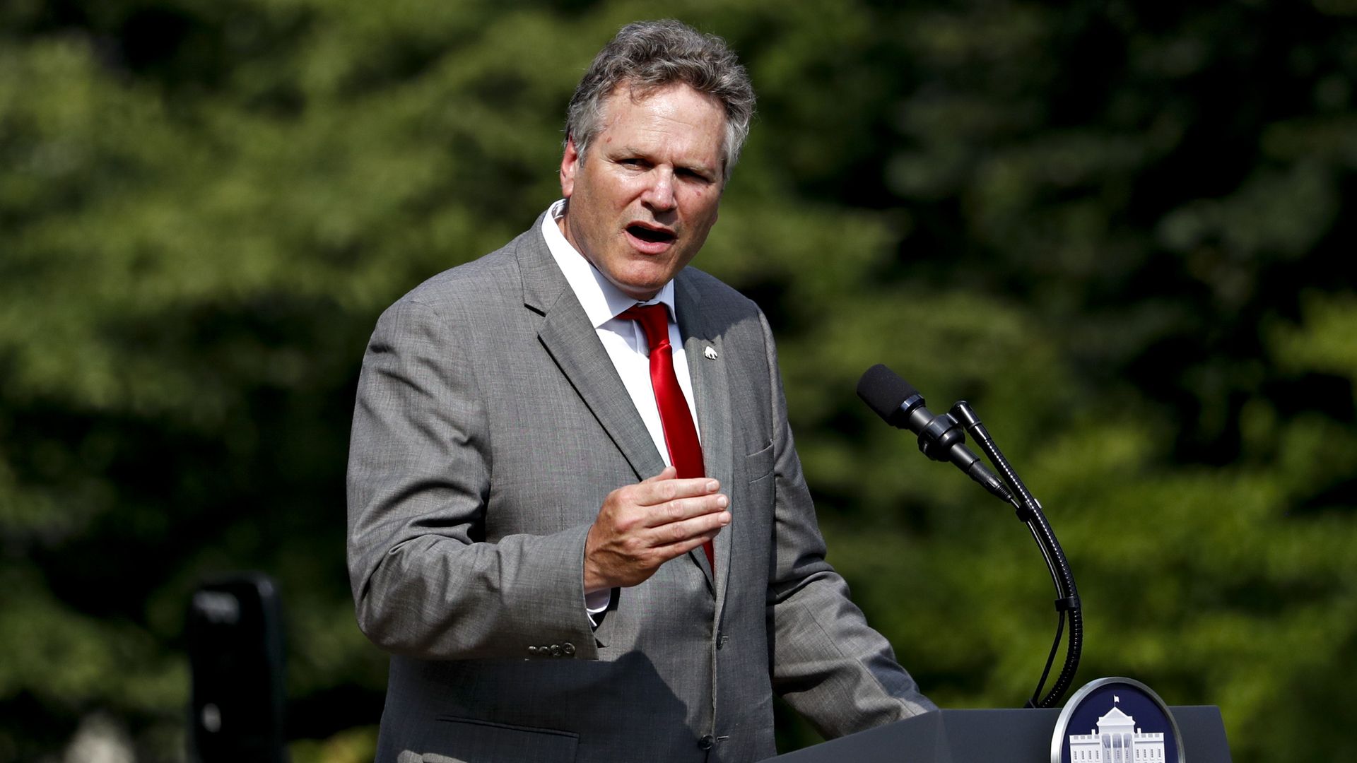 Michael Dunleavy, governor of Alaska, speaks during an event on the South Lawn of the White House