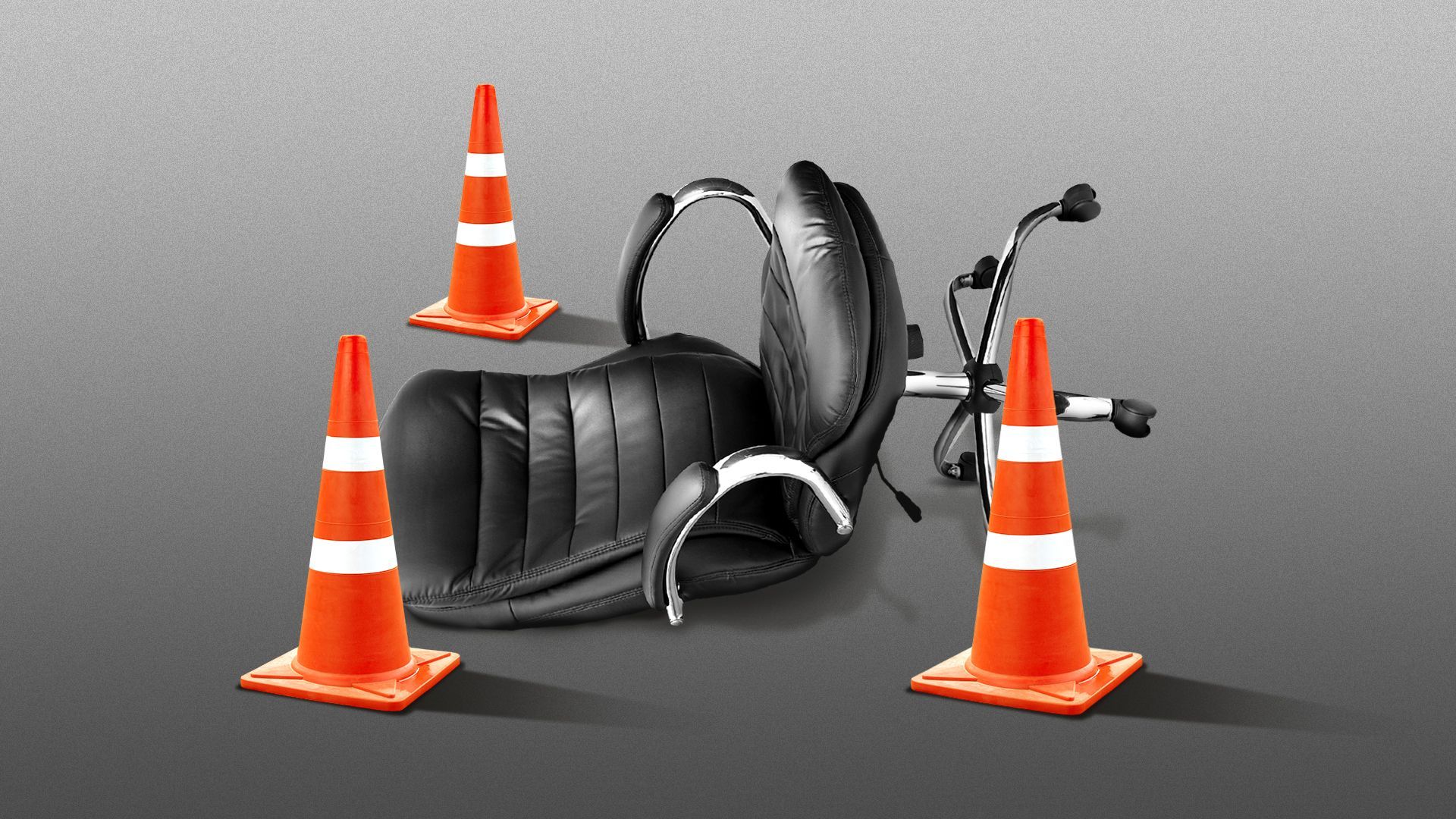 Illustration of three orange traffic cones around an overturned office chair
