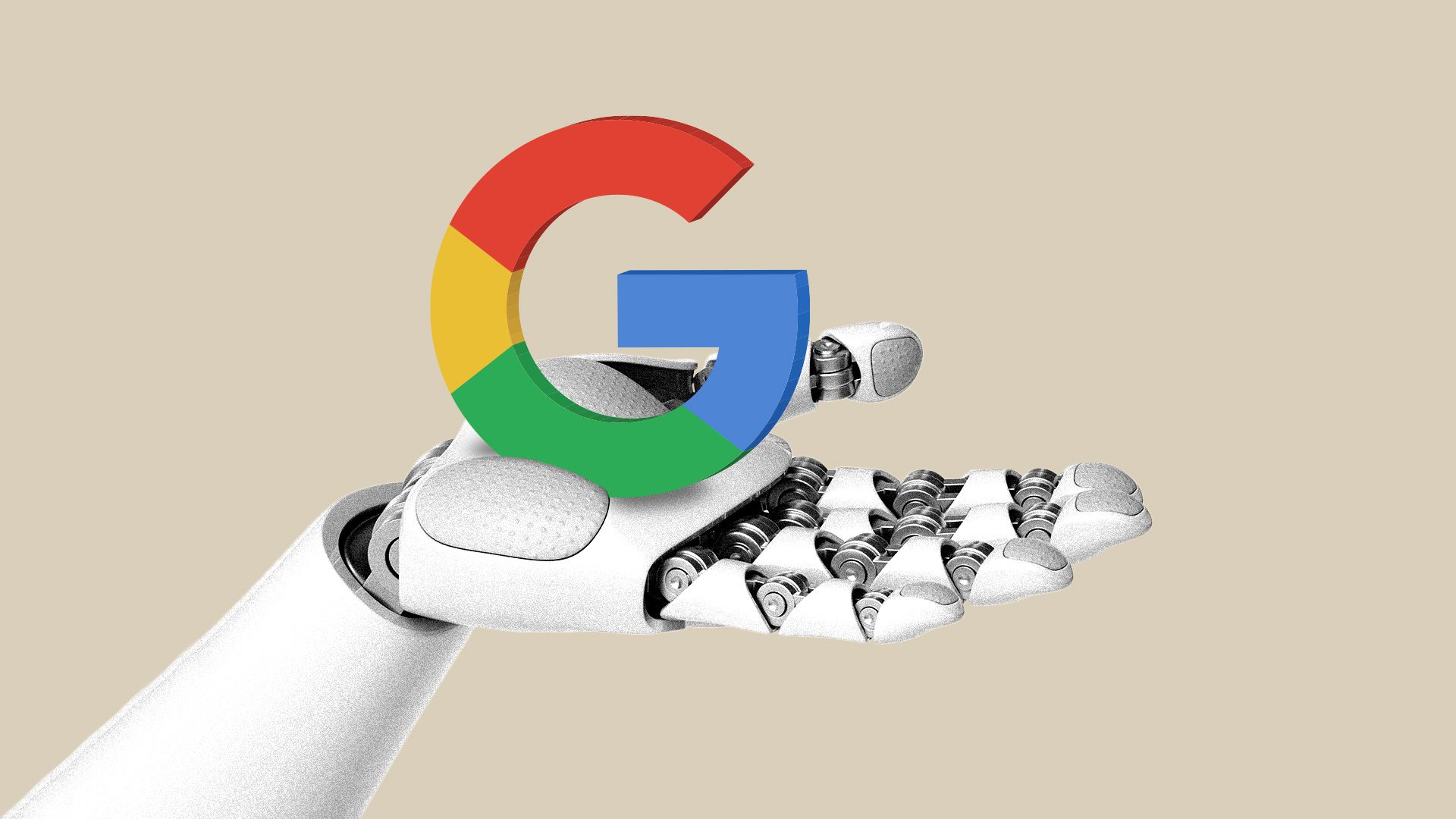 Illustration of a robot hand holding up the Google G