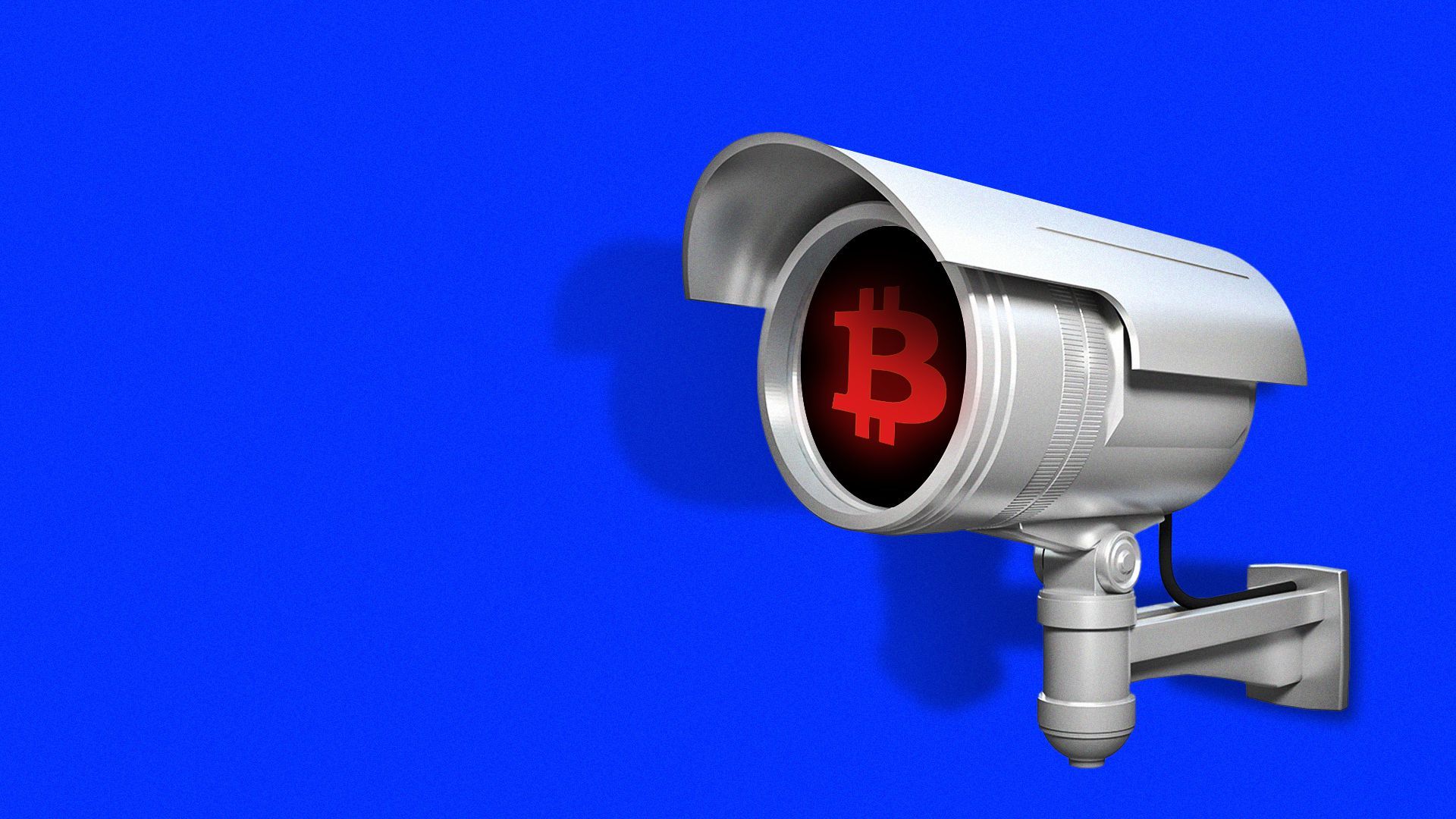 Illustration of a security camera with a glowing bitcoin symbol on the lens