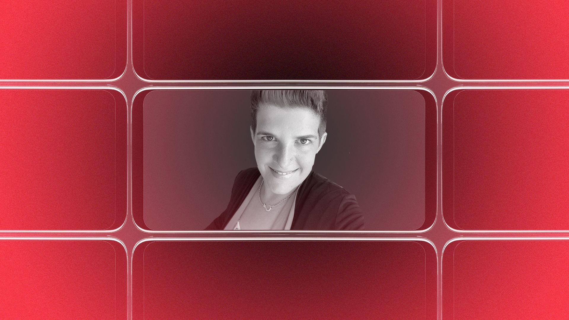 Photo illustration of a grid of smartphone screens, the center one showing an image of Rachel Covello.