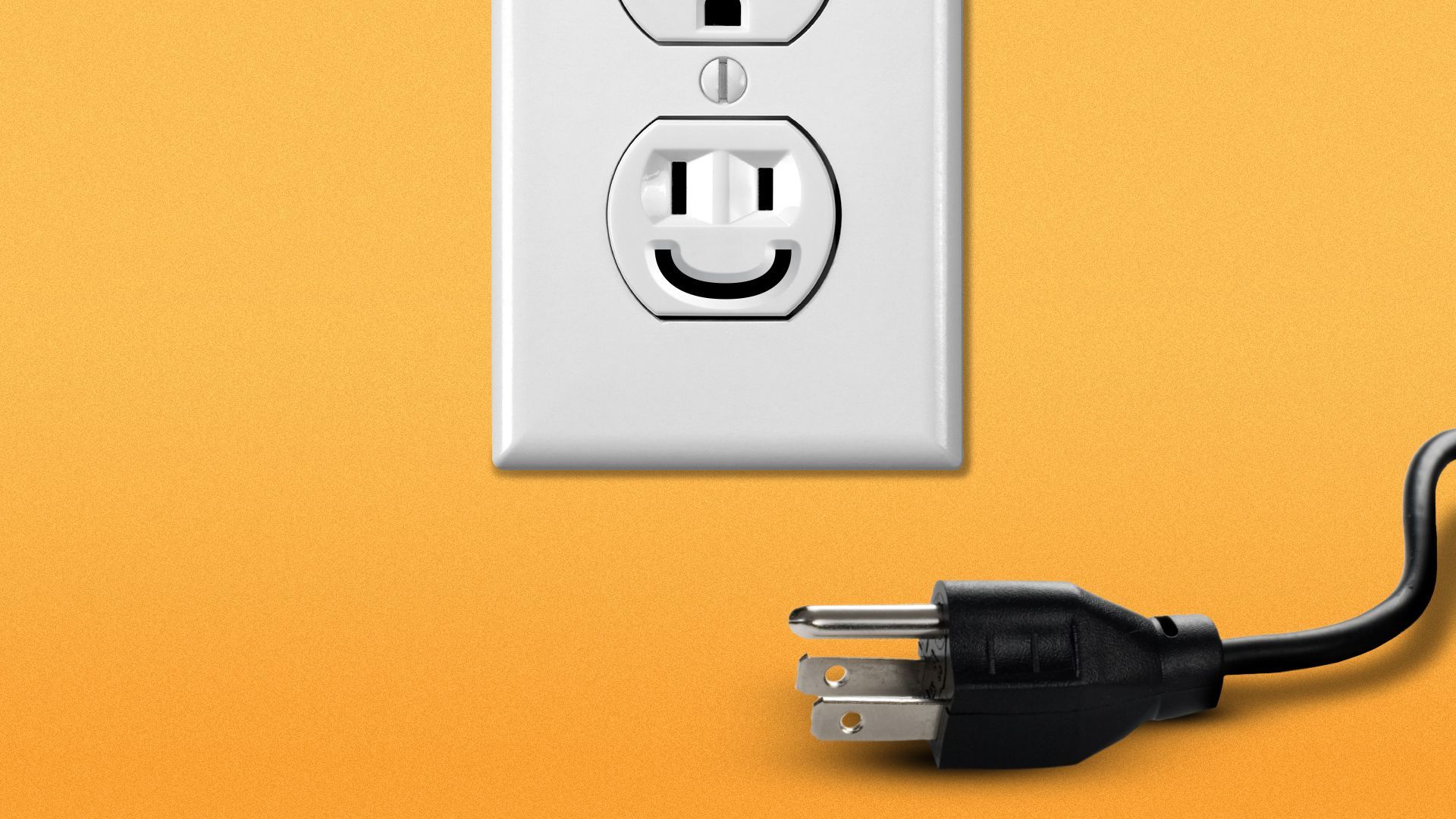Illustration of an open outlet and a plug with the outlet holes shaped to be a smiley face. 
