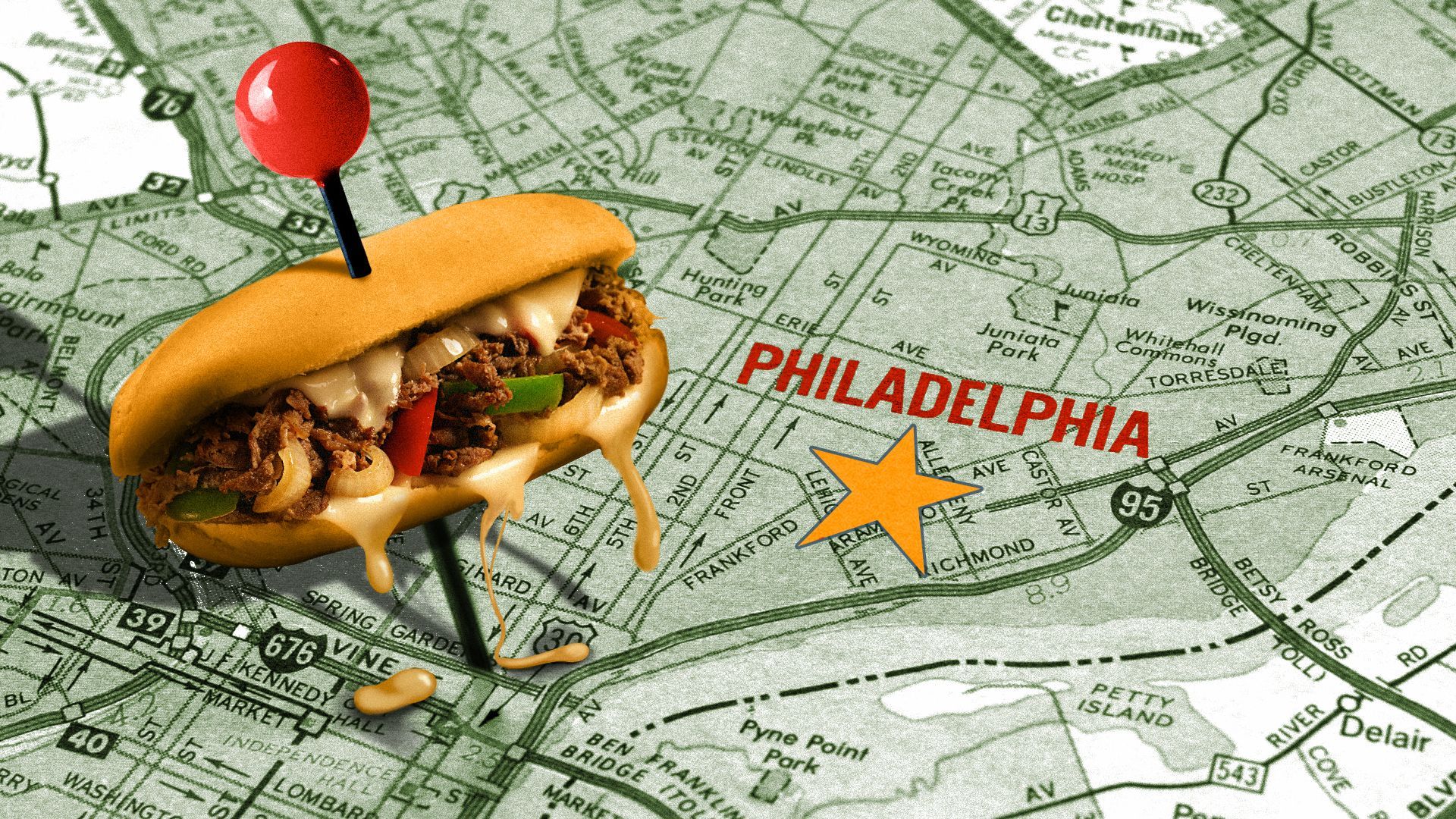 Illustration of a Philly cheesesteak sandwich pinned to a map of Philadelphia.