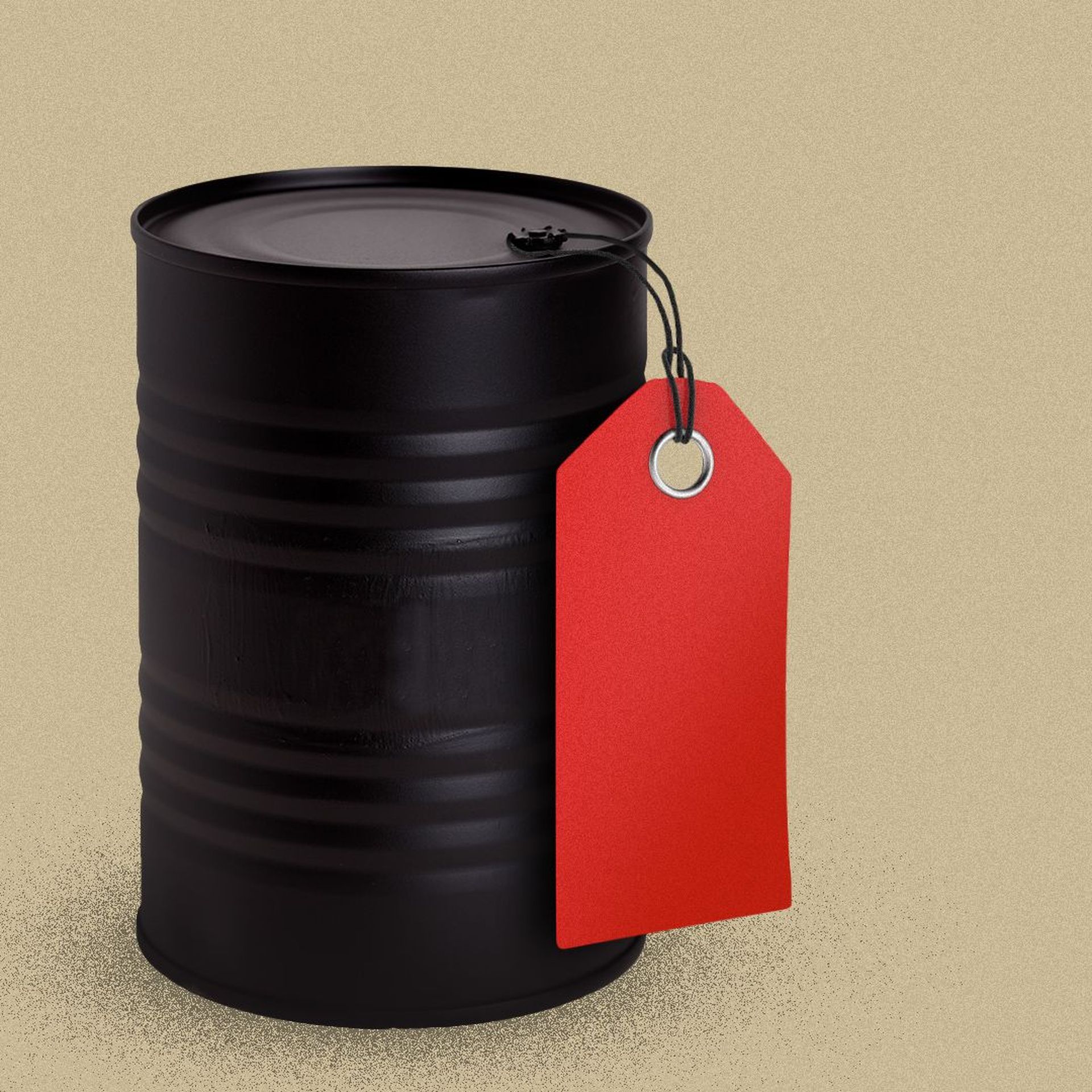 Illustration of an oil barrel with a red discount tag. 