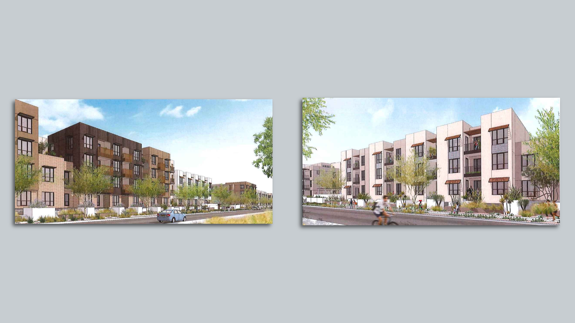 Two renderings of an apartment complex.