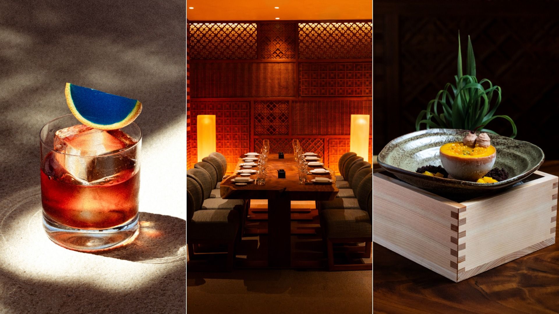 Triptych: left a red cocktail with a blue lime wedge; center a warm dining room with a long wooden table, lattice walls, and candles; right a plated dessert with yellow topping and a green plant.