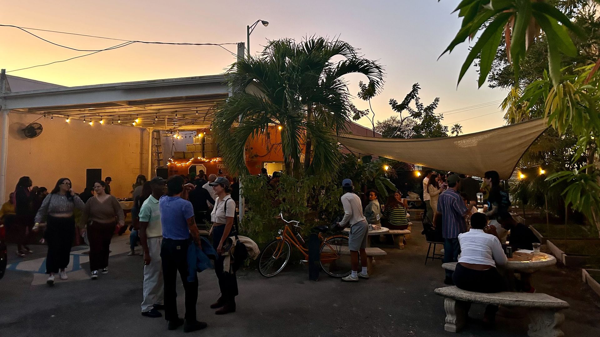 Guests gathered outside a cafe. 