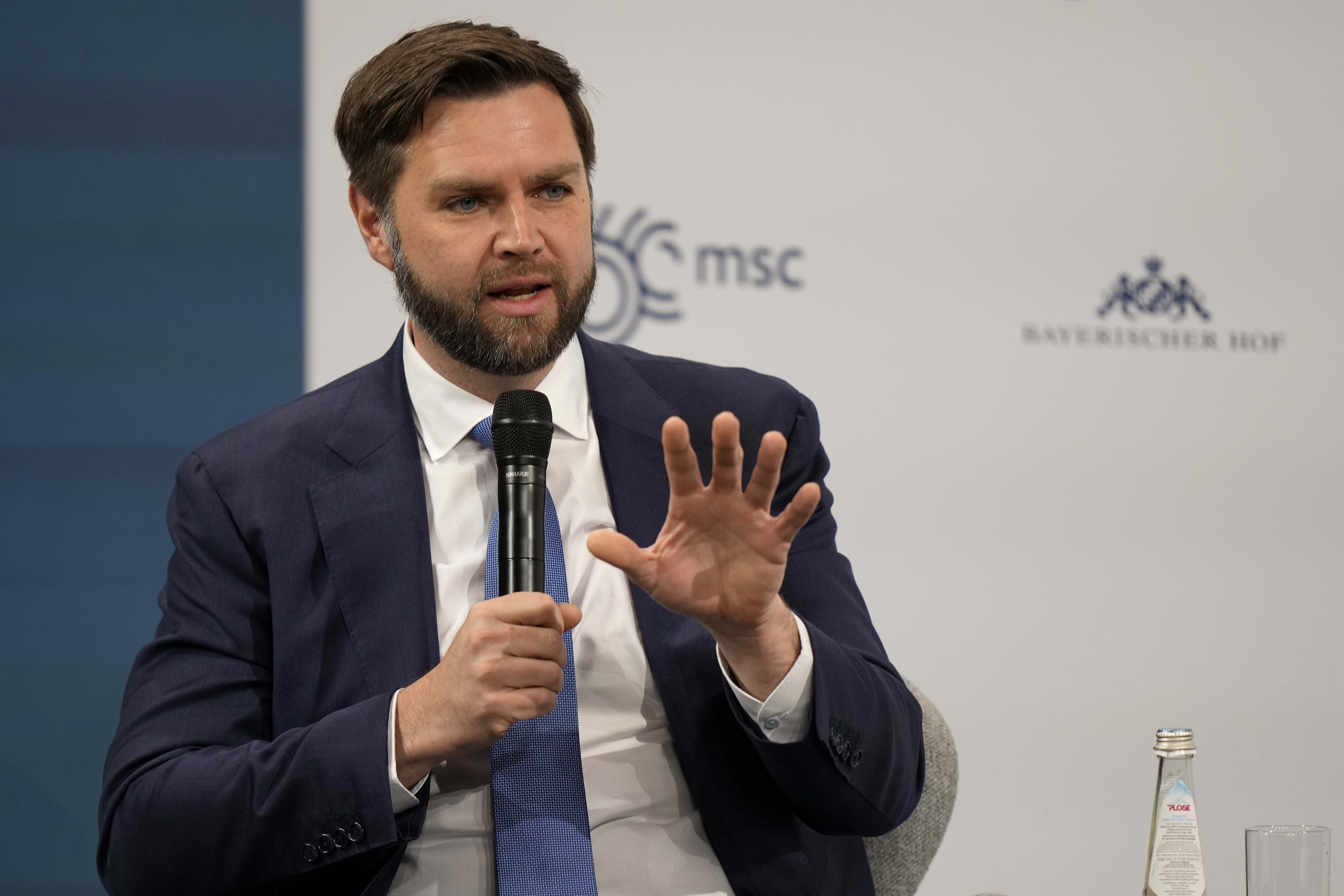 Sen. J. D. Vance speaks at the Munich Security Conference at the Bayerischer Hof Hotel in Munich, Germany, on Sunday