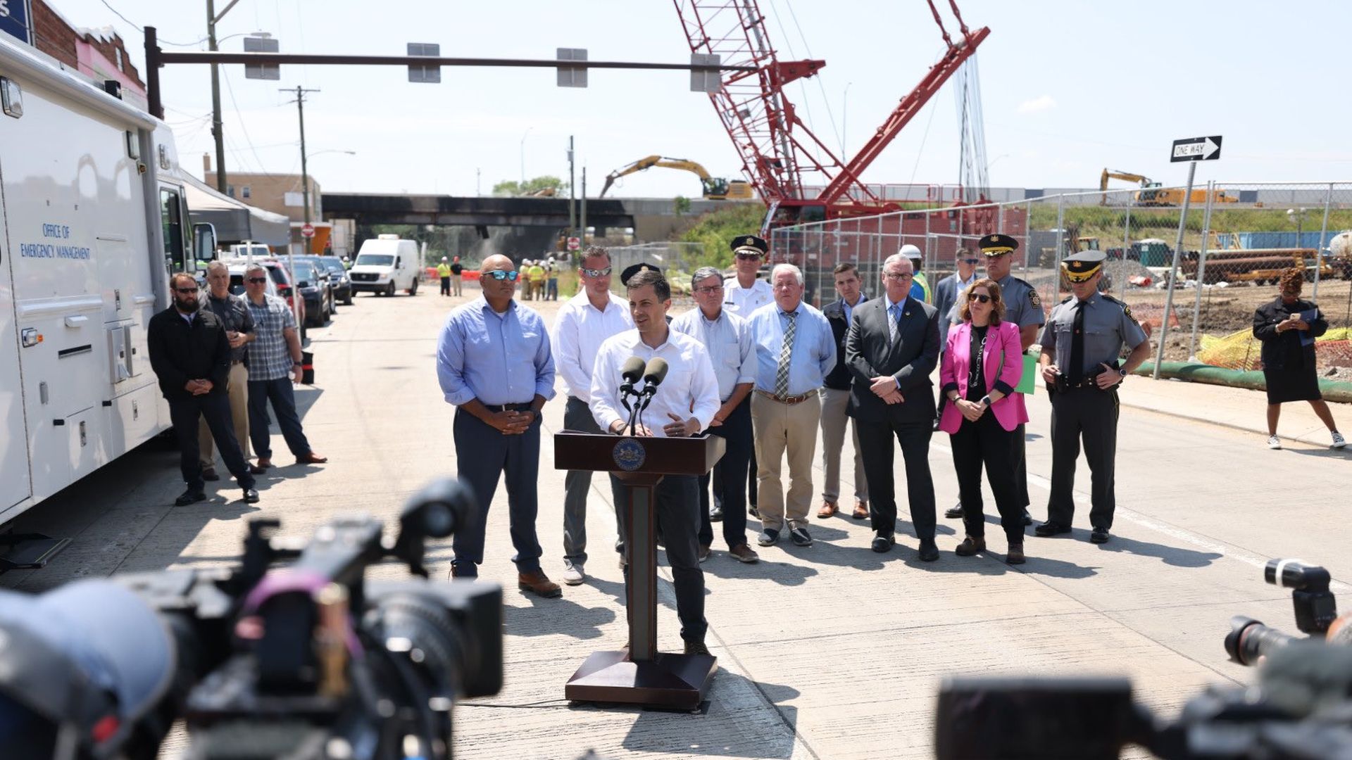 U.S Transportation Secretary Pete Buttigieg address media during media briefing near the I-95 collapse site in Philly.