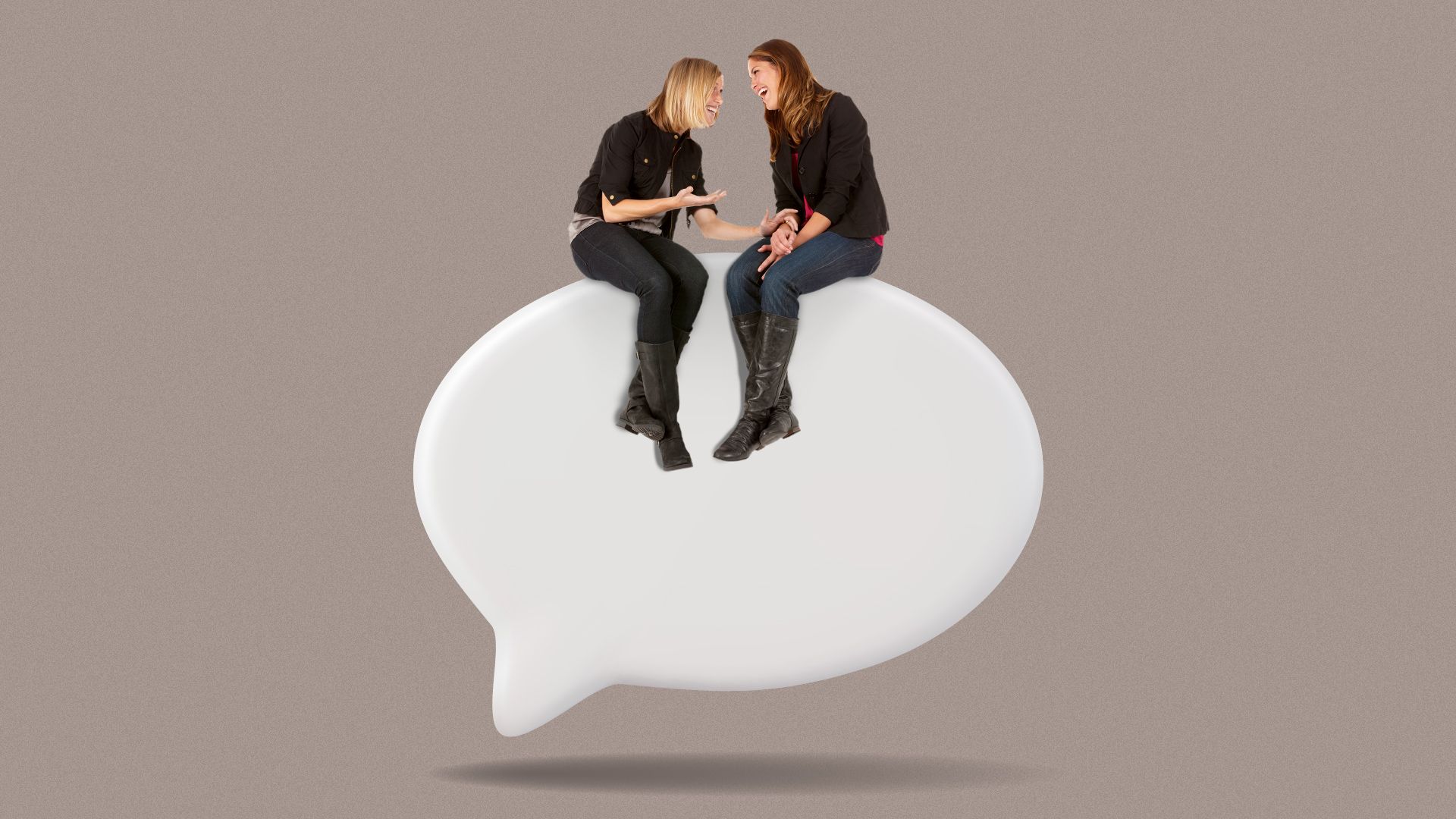 Illustration of two women chatting on top of a giant floating chat bubble.