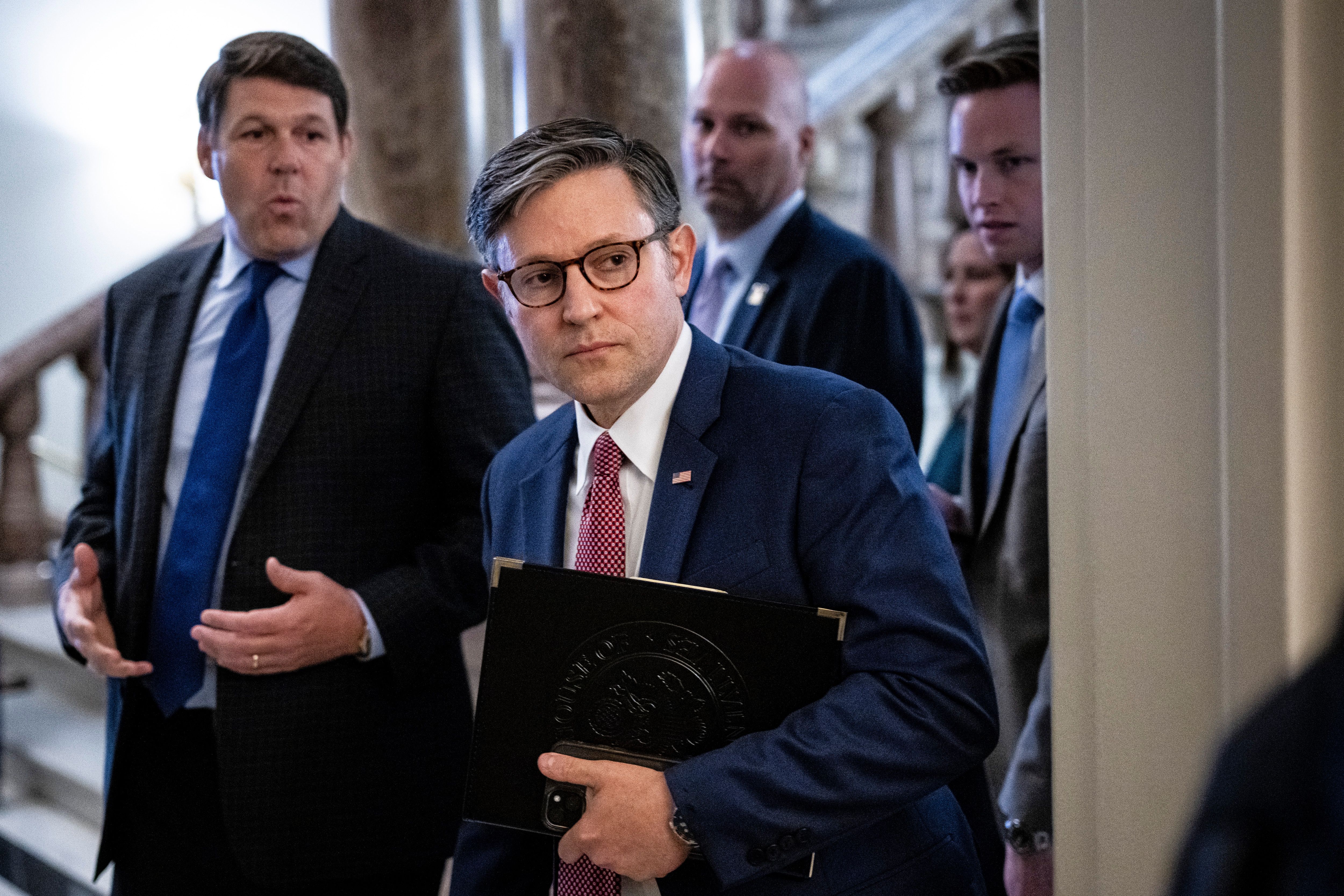 US House Speaker Mike Johnson, a Republican from Louisiana, at the US Capitol, in Washington, DC, US, on Thursday, May 15, 2025. Republicans plan to work through the weekend on SALT and other unresolved issues, with plans to bring the bill to the House floor next week. Photographer: Graeme Sloan/Blo