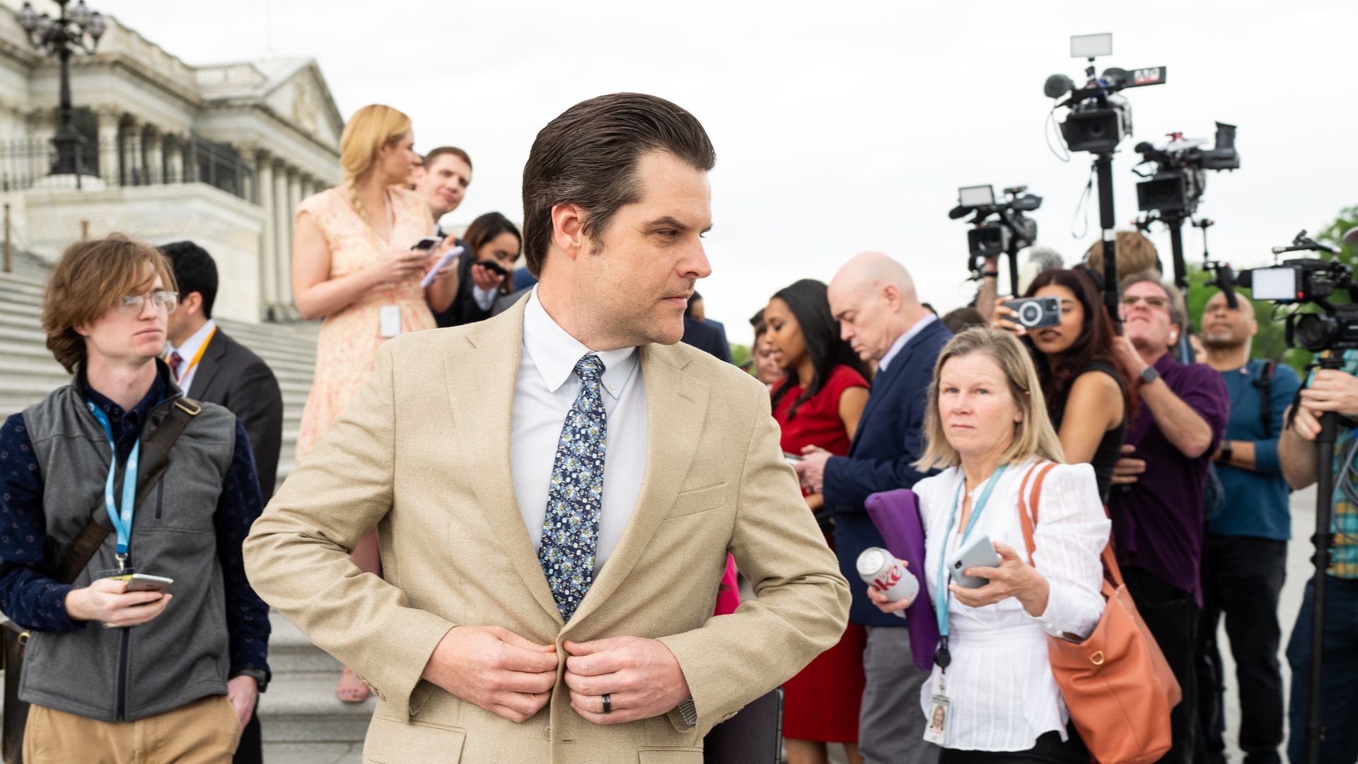 WASHINGTON - APRIL 18: Rep. Matt Gaetz, R-Fla., walks away after speaking to reporters about Speaker Mike Johnson following a vote at the U.S. Capitol on Thursday, April 18, 2024. (Bill Clark/CQ-Roll Call, Inc via Getty Images)