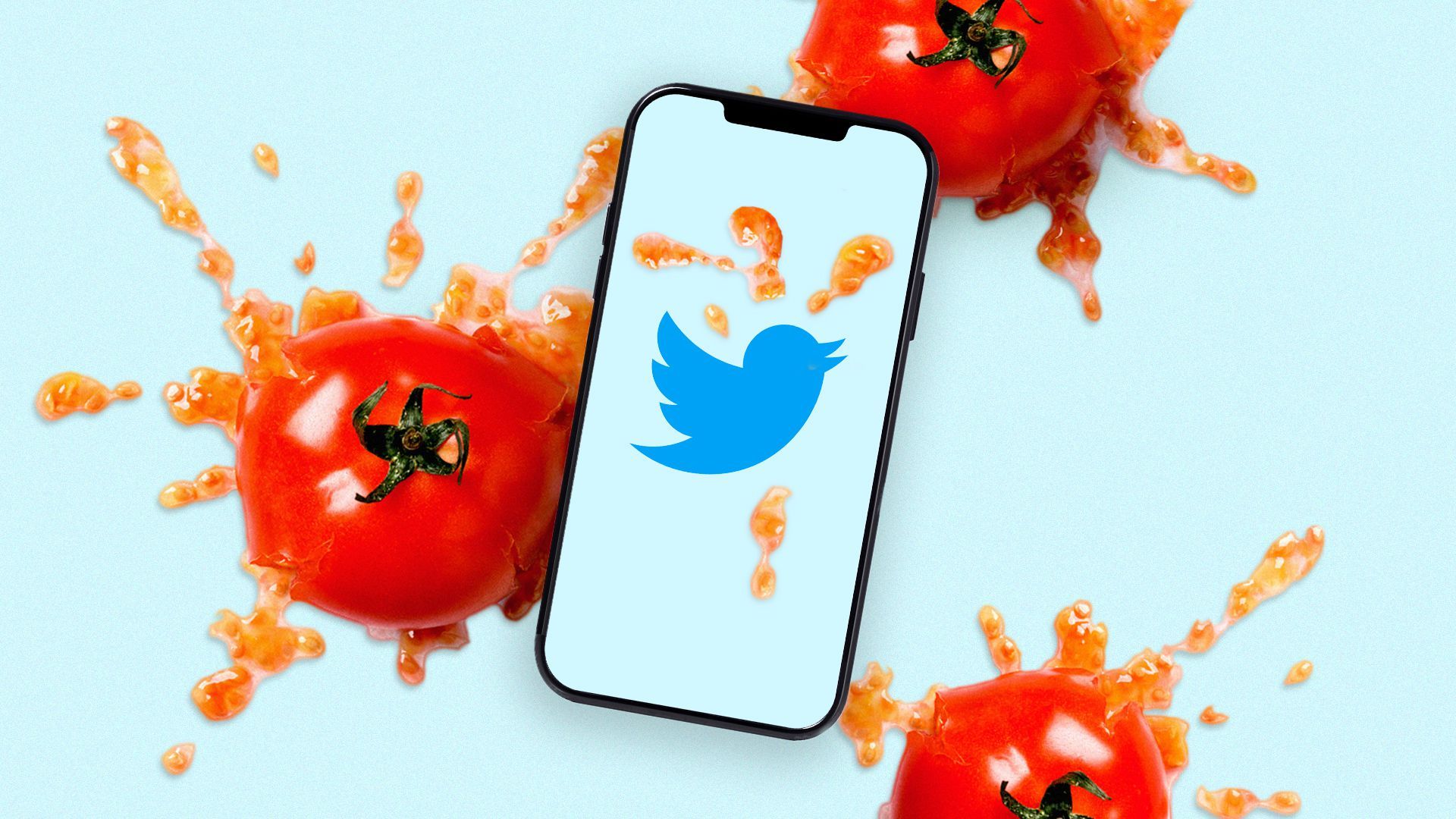 Illustration of a phone with a Twitter logo on the screen surrounded by splattered tomatoes.
