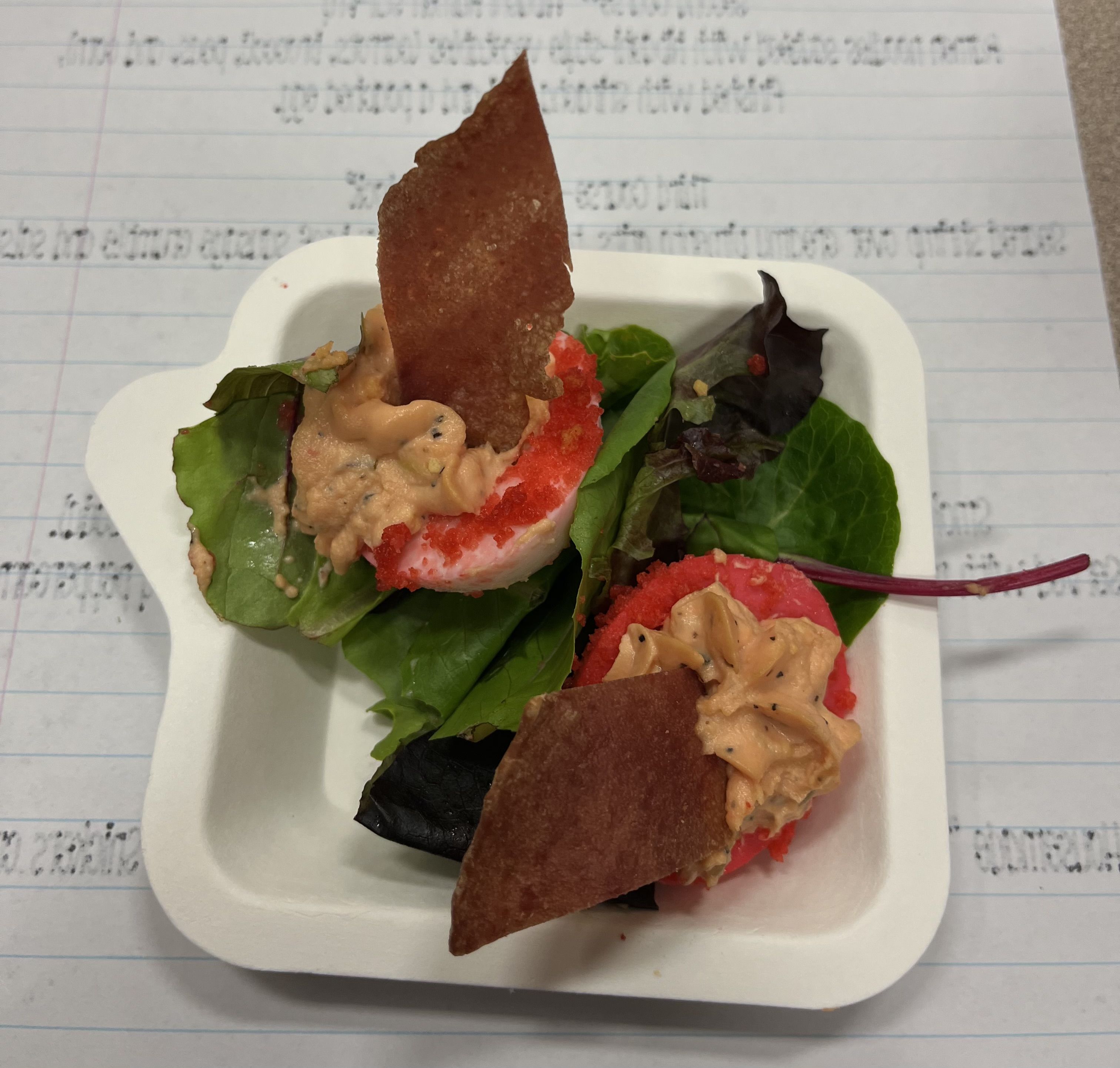 Two deviled eggs, served on green leaf in a white tray, background showing lined paper with text.