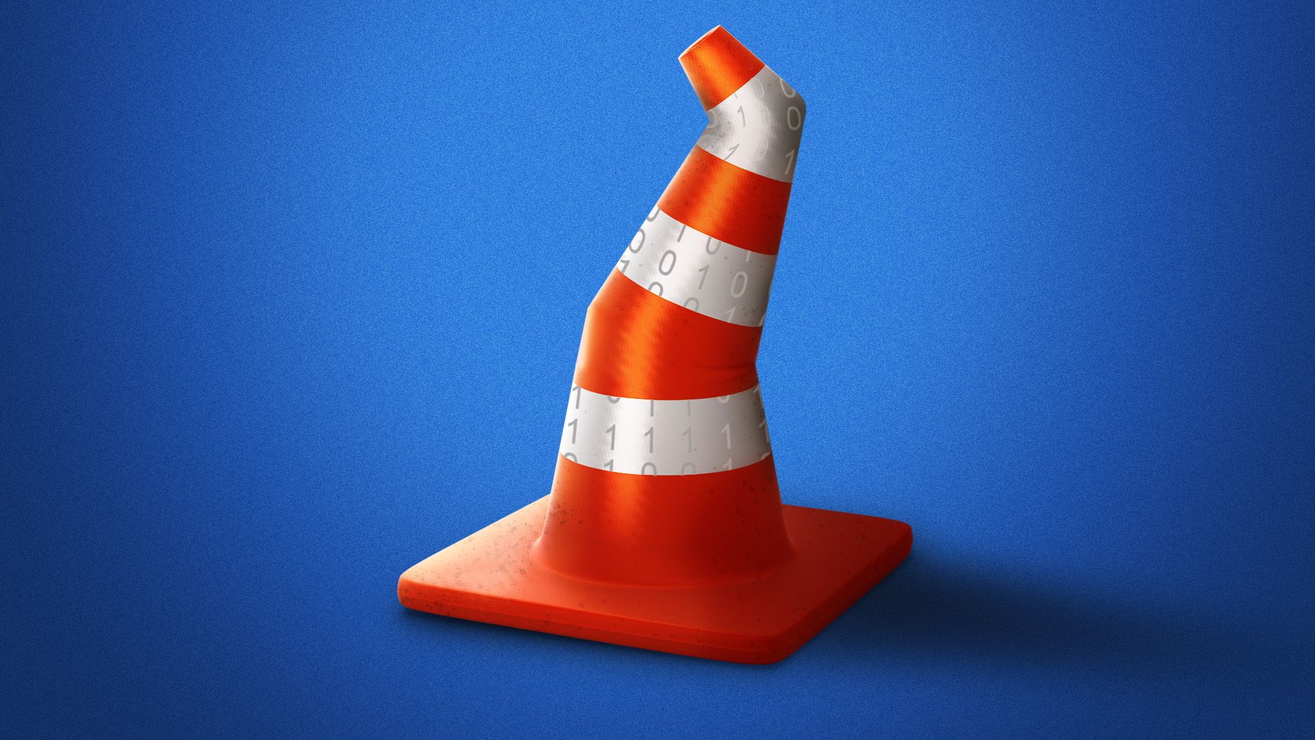 Illustration of a bent traffic cone with binary code
