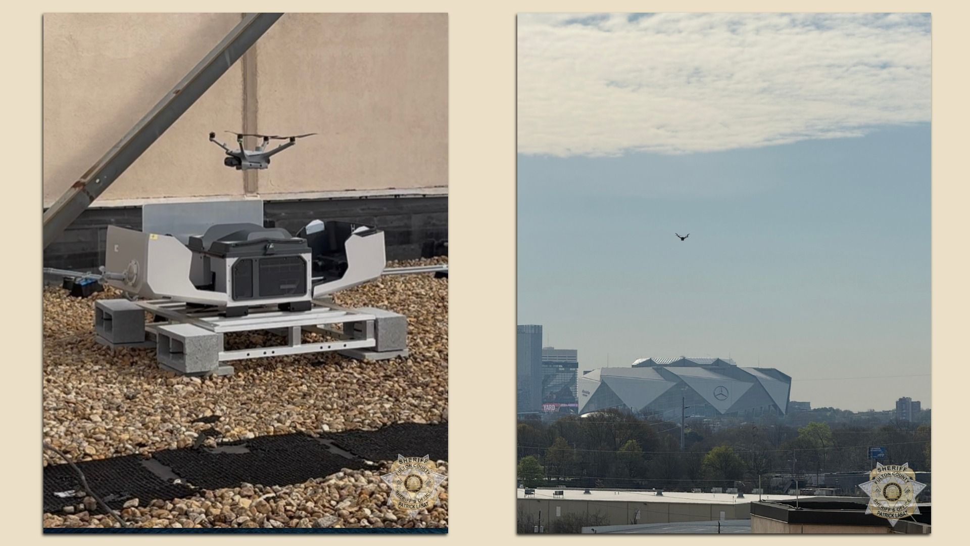 Two-panel image: left shows a drone and dock on a concrete frame atop a gravel rooftop beside a diagonal steel beam; right shows a city skyline with a white geometric arena and a small drone in the sky.