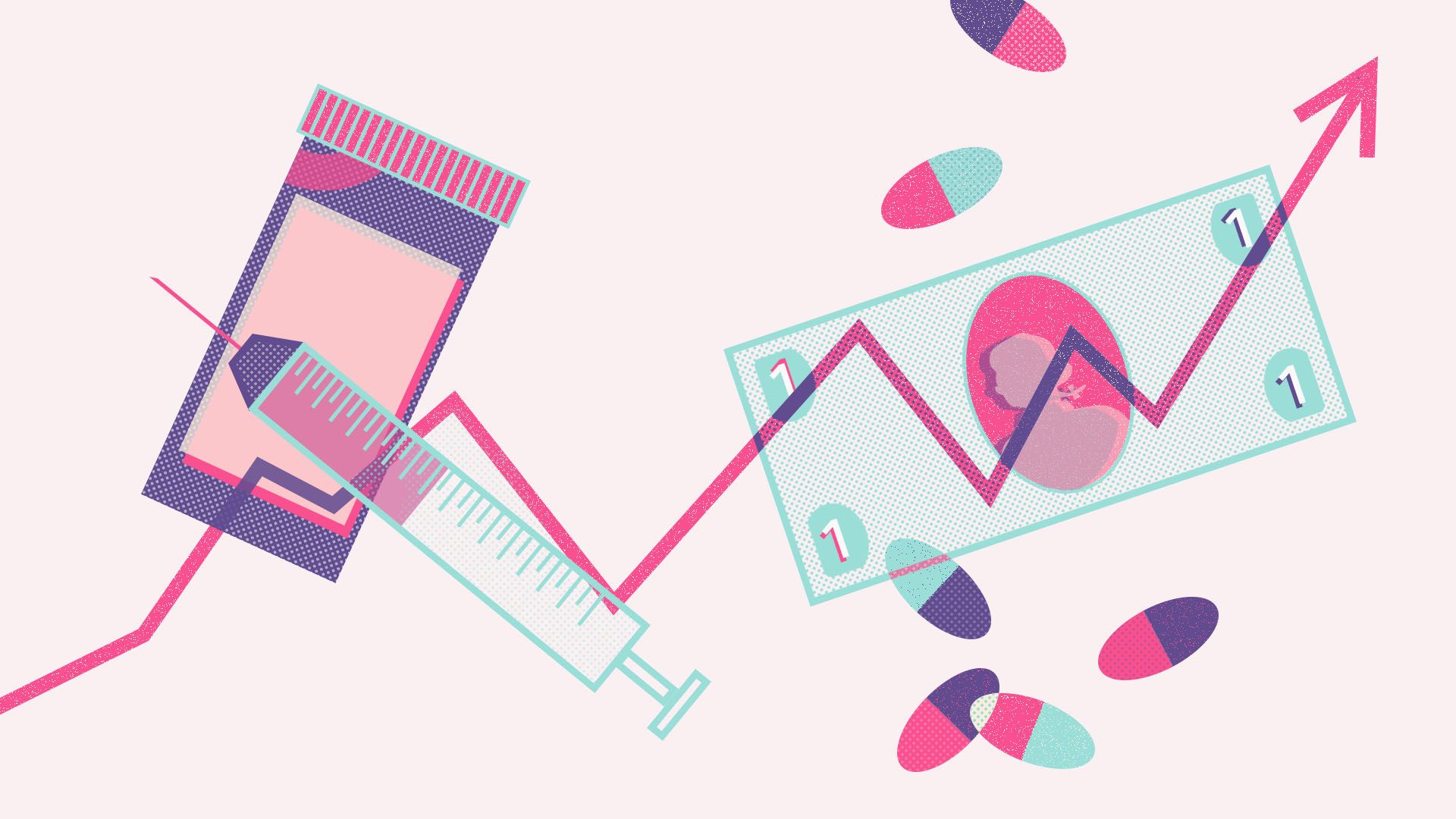 Illustration of medication bottle, pills, dollar, syringe, and price arrow