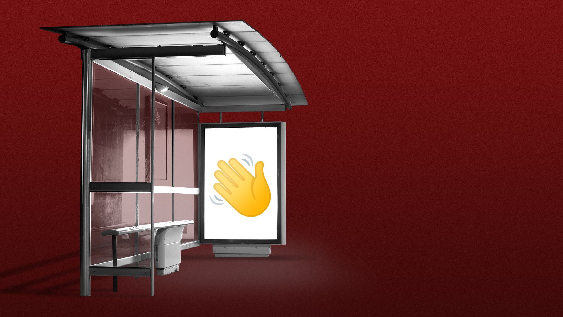 Illustration of a waving emoji displayed on a bus shelter.