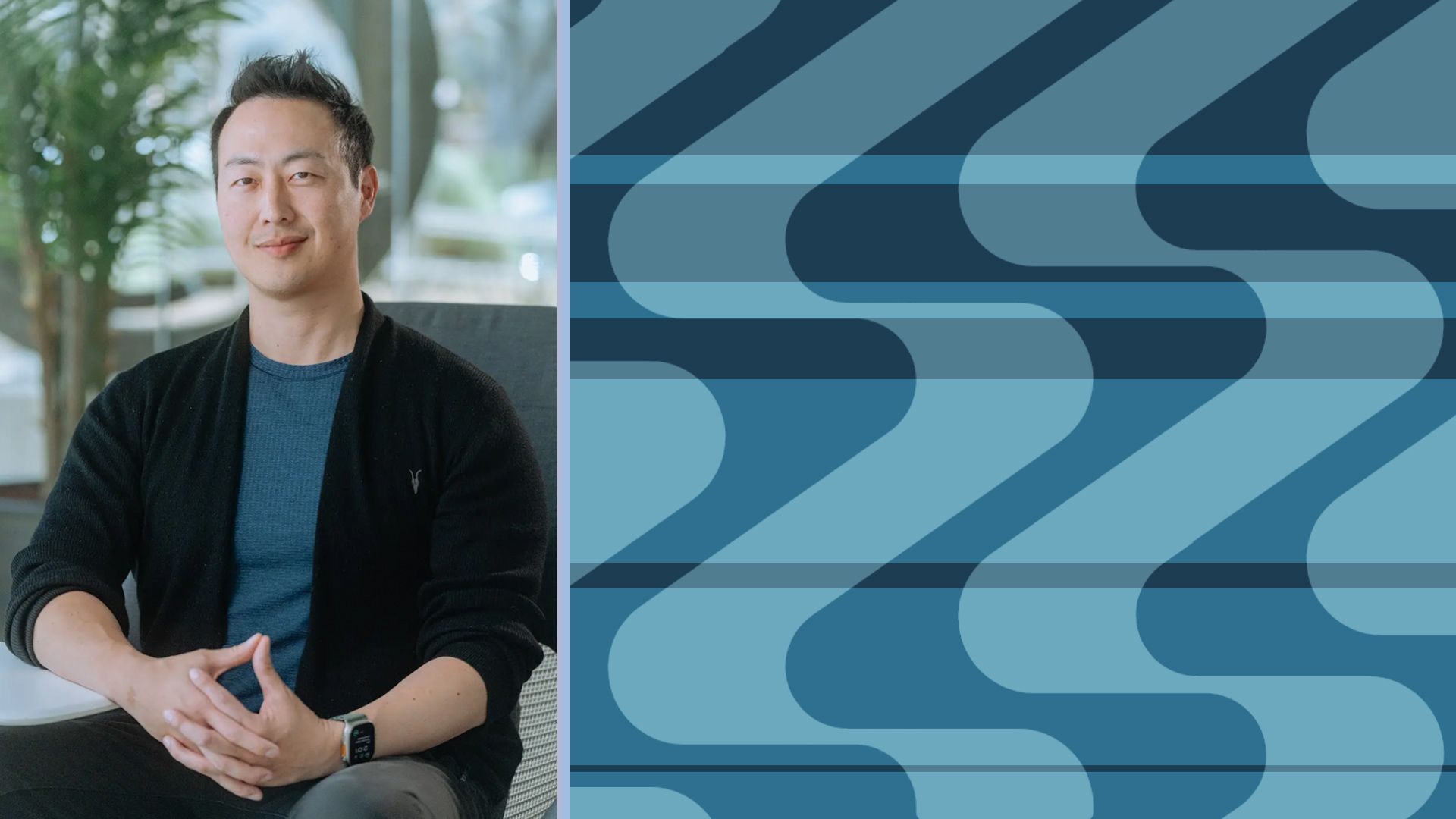 Photo illustration of Jeff Wang, CEO of Windsurf, with a repeating pattern made from the Windsurf logo.