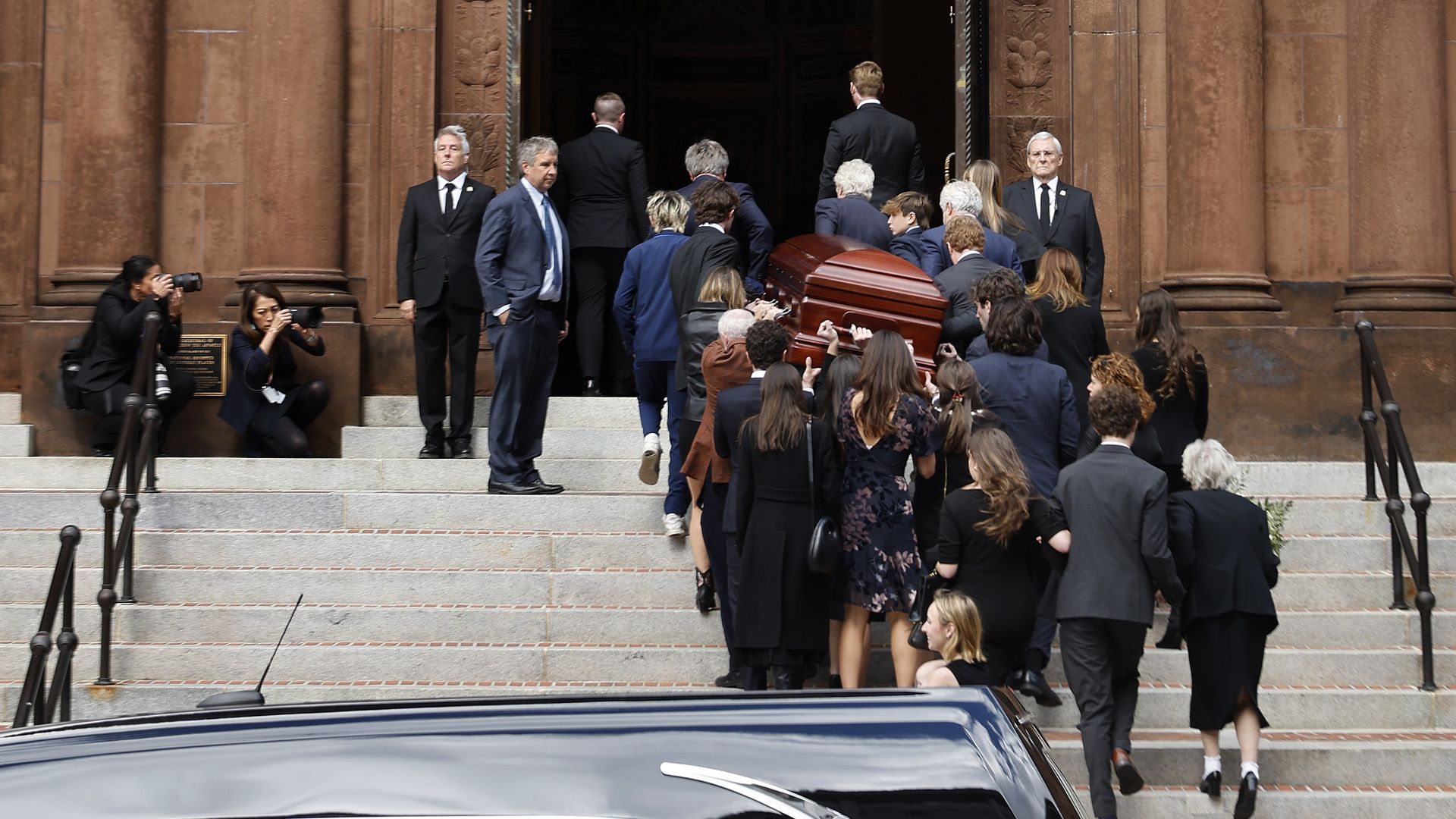 Family members carry Ethel Kennedy's casket up the stairs into the Cathedral of Stain Matthew in Washington, D.C., on Wednesday, Oct. 16, 2024.