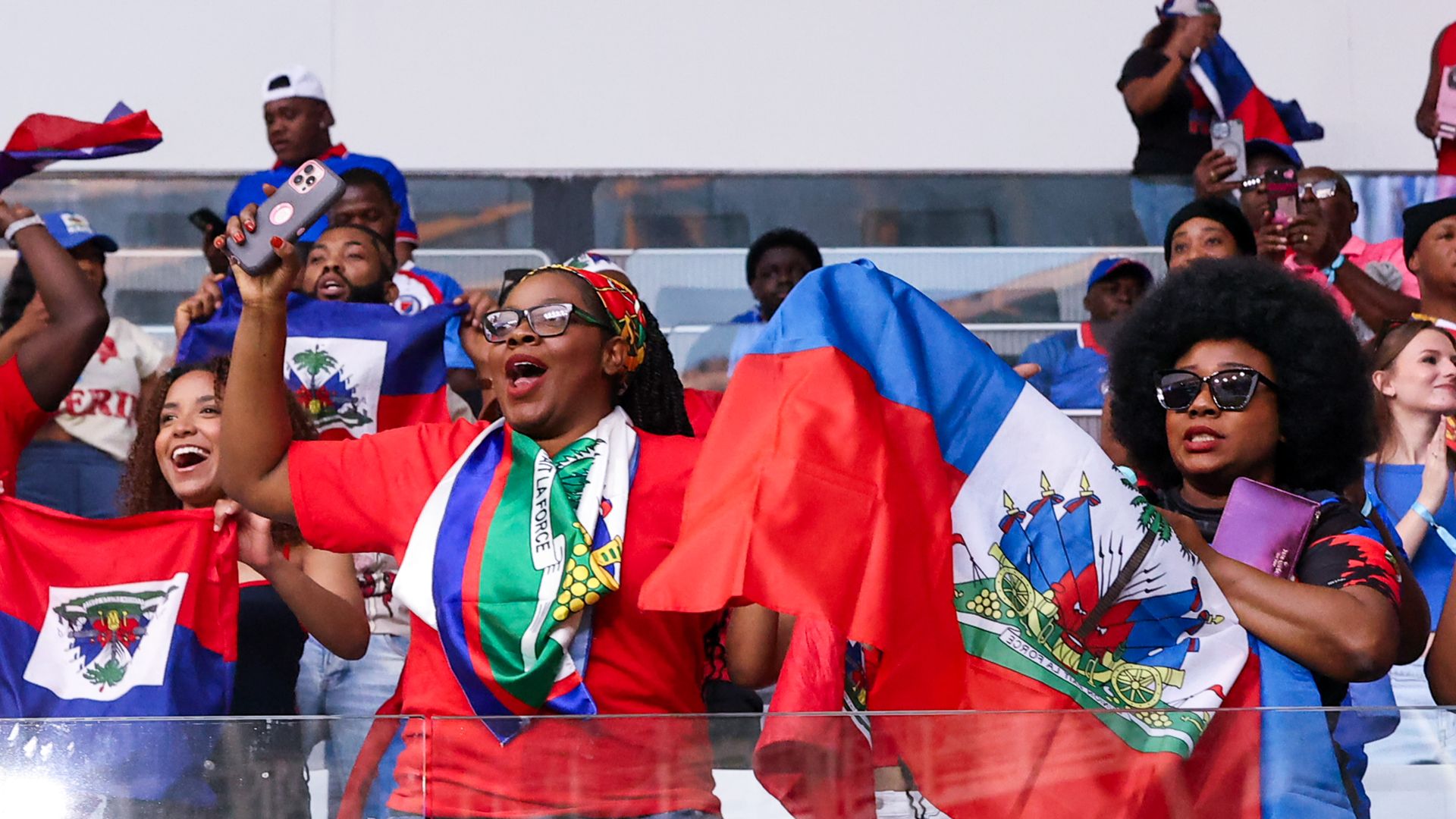 MIAMI, FL - JUNE 5: Haiti fans pose for a photograph during the international friendly game between Haiti and Peru at NU Stadium on June 5, 2026 in Miami,Florida.(Photo by Chris Arjoon/Icon Sportswire via Getty Images)