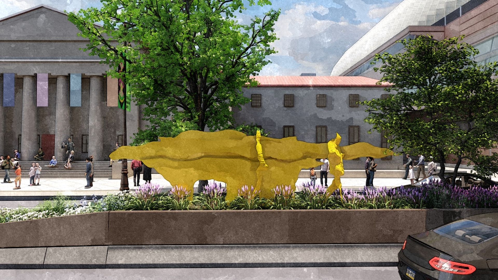 Urban plaza with a large yellow abstract sculpture before a tree; a classical colonnade building with banners on the left, a glass building on the right, people walking, and a black car in view.