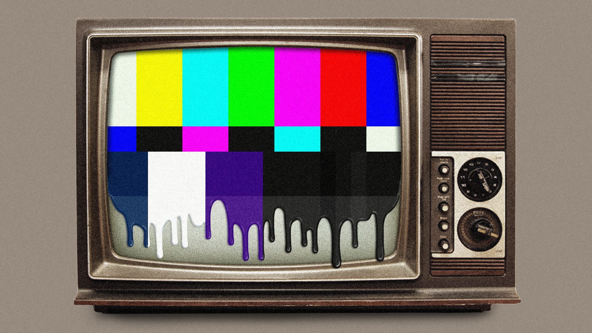 Illustration of a television with a test pattern dripping off the screen.