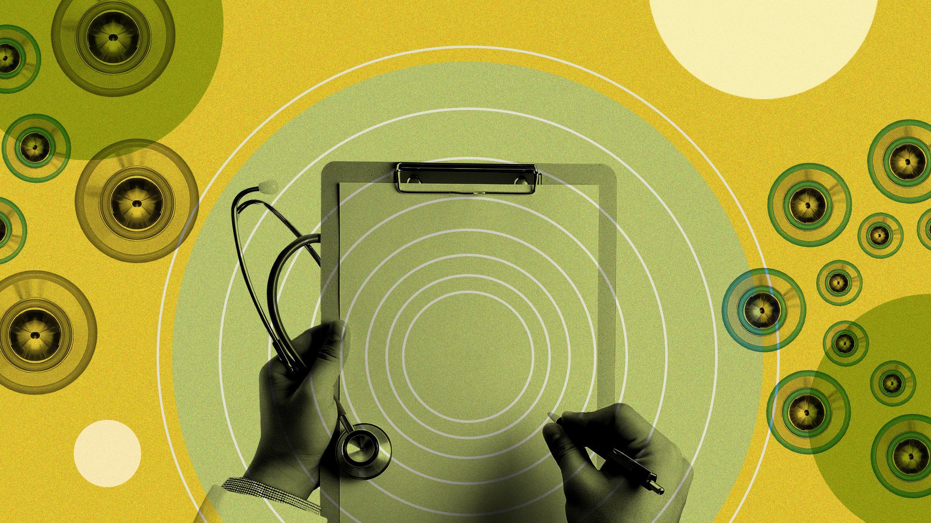 Illustrator of a doctor holding a clipboard and stethoscopes arranged in a radial pattern.