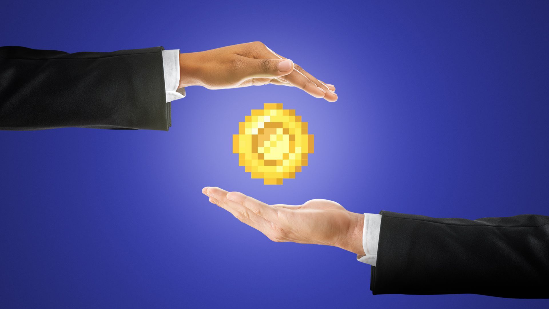 Illustration of two hands held out with a coin glowing between them.