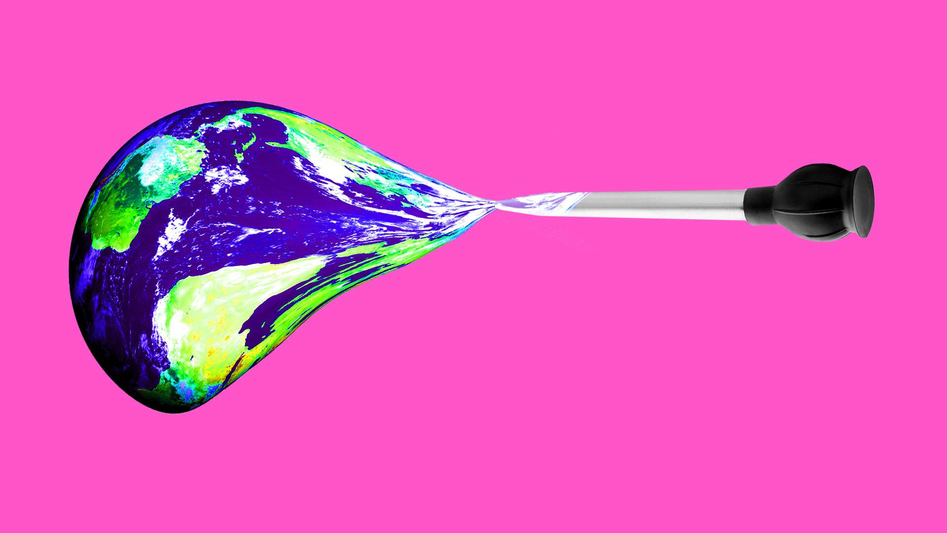 In this illustration, a dropper sucks the Earth sideways and stretches it comically.
