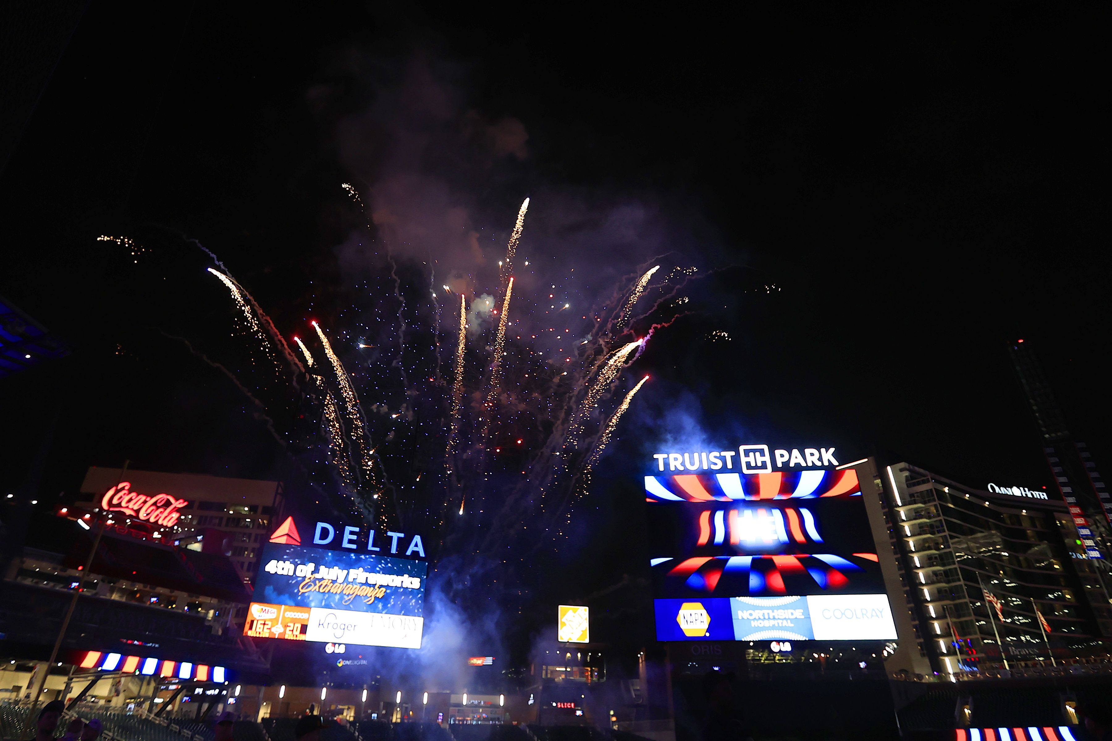 Fourth of July fireworks after the Thursday evening MLB game between the Atlanta Braves and the San Francisco Giants on July 4, 2024 at Truist Park in Atlanta, Georgia.