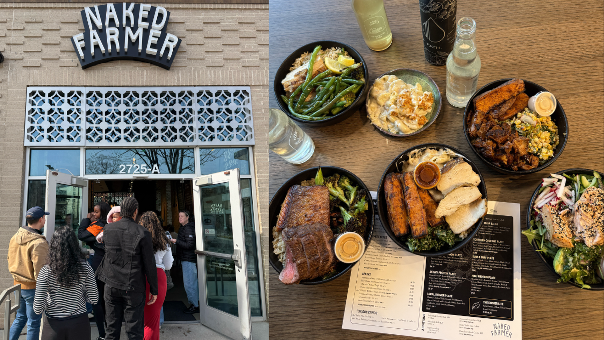 People entering Naked Farmer restaurant with open doors, brick exterior. Table with five bowls of food including meat, greens, mac and cheese, salad, and drinks, plus a menu.