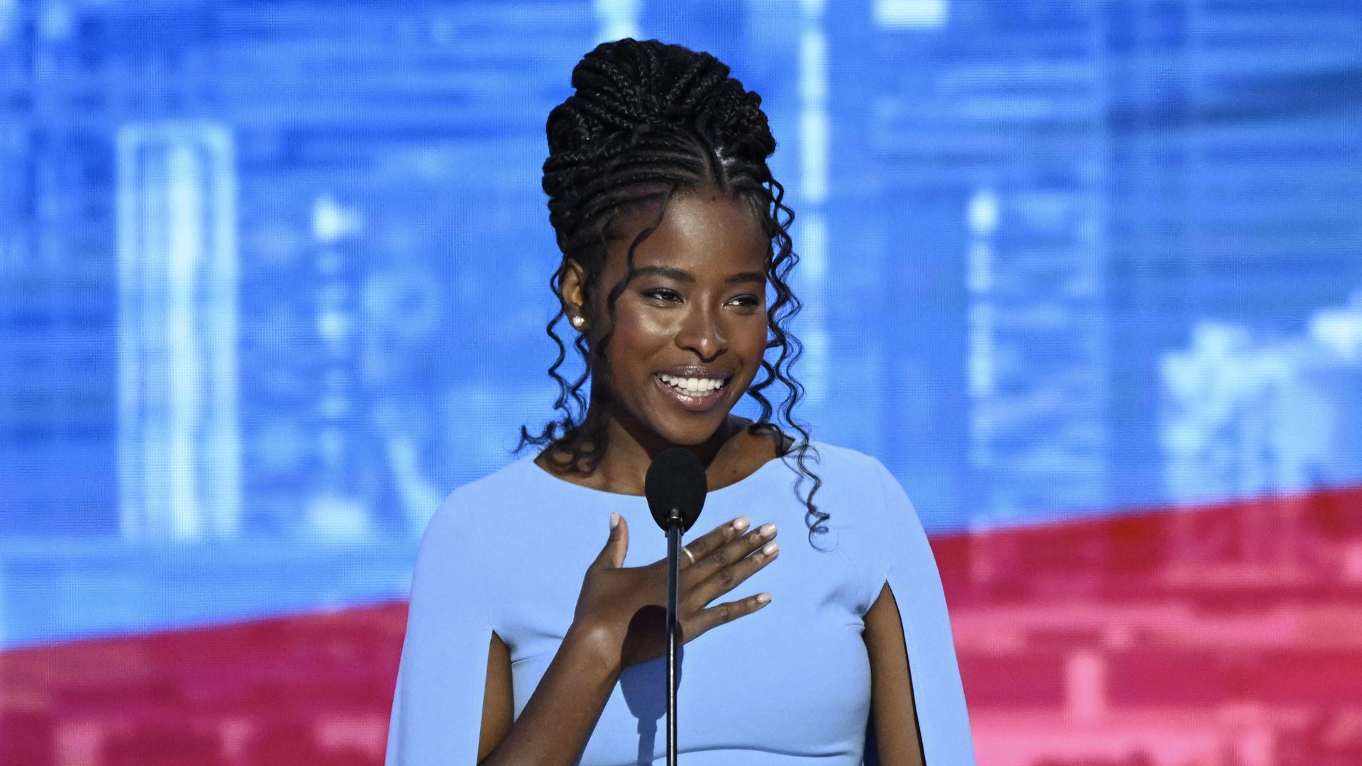 National Youth Poet Laureate Amanda Gorman speaks on the third day of the Democratic National Convention (DNC) at the United Center in Chicago, Illinois, on August 21, 2024. Vice President Kamala Harris will formally accept the party's nomination for president at the DNC which runs from August 19-22