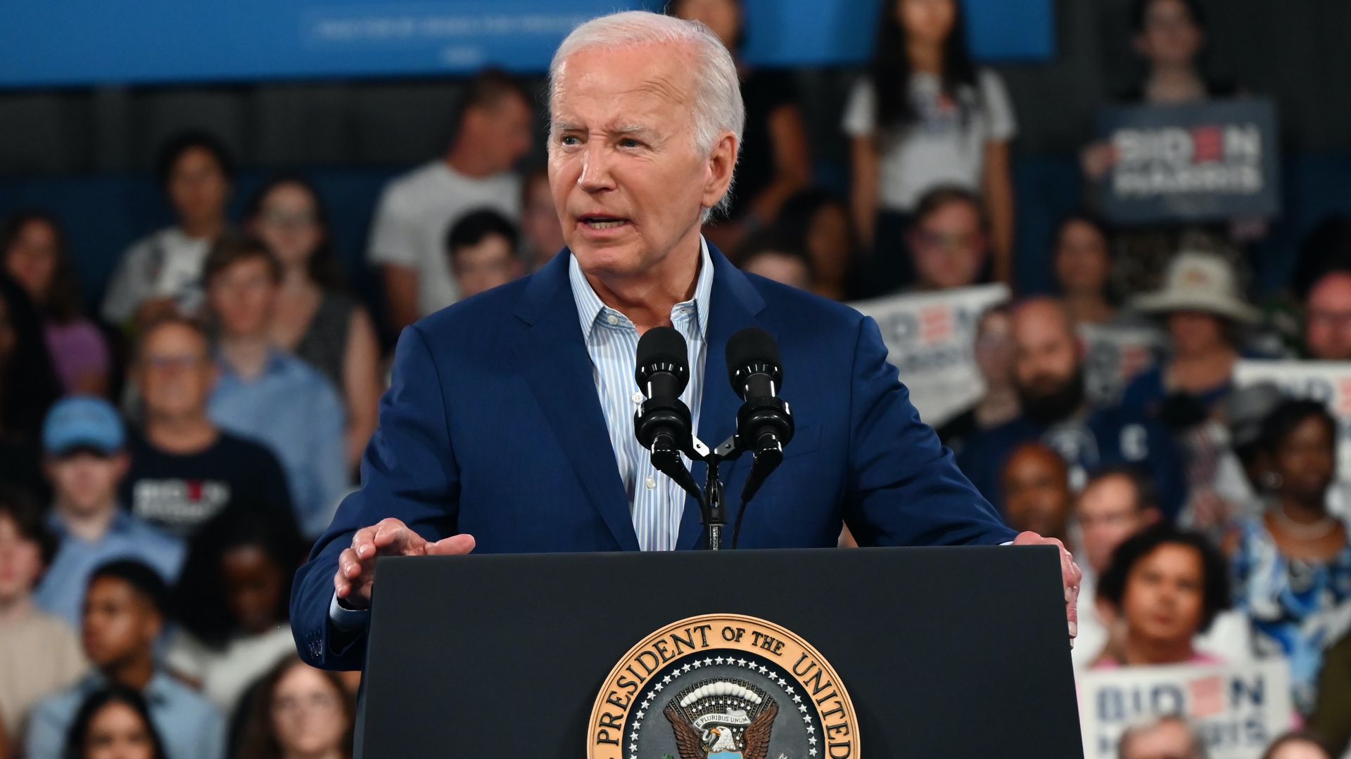 U.S. President Joe Biden and U.S. First Lady Jill Biden (not seen) deliver remarks at a campaign rally post-2024 CNN Presidential Debate at the Jim Graham Building at the North Carolina State Fairgrounds in Raleigh, North Carolina, United States on June 28, 2024.