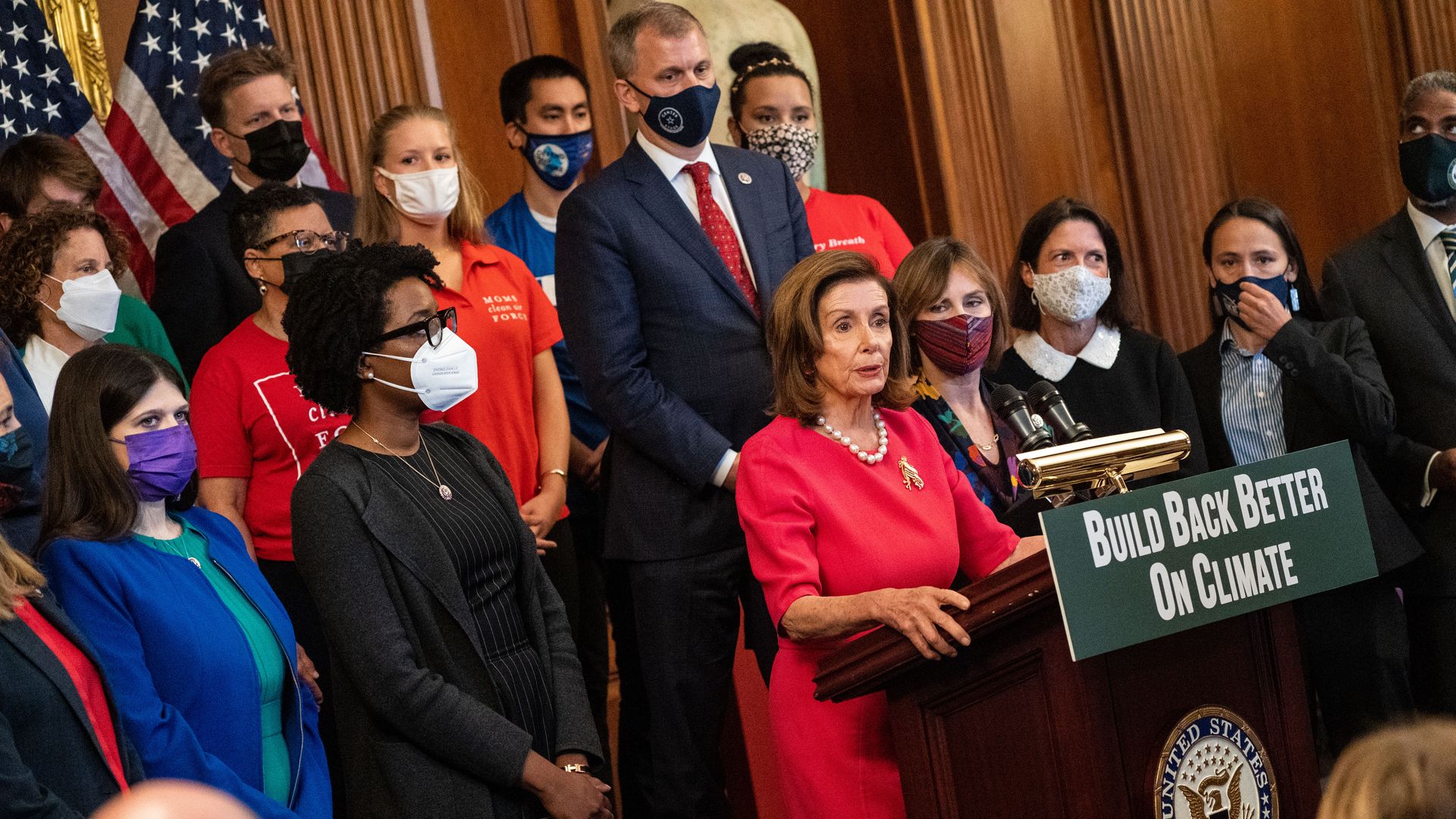 Speaker of the House Nancy Pelosi (D-CA) speaks during an event with House Democrats and climate activists to highlight the aspects of the Build Back Better Act