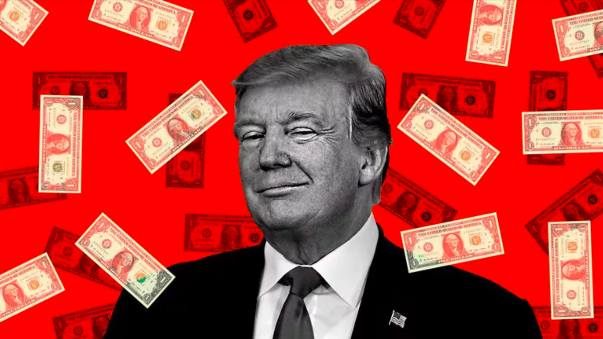 In this illustration, US dollars fall around Trump's head. He's smirking.